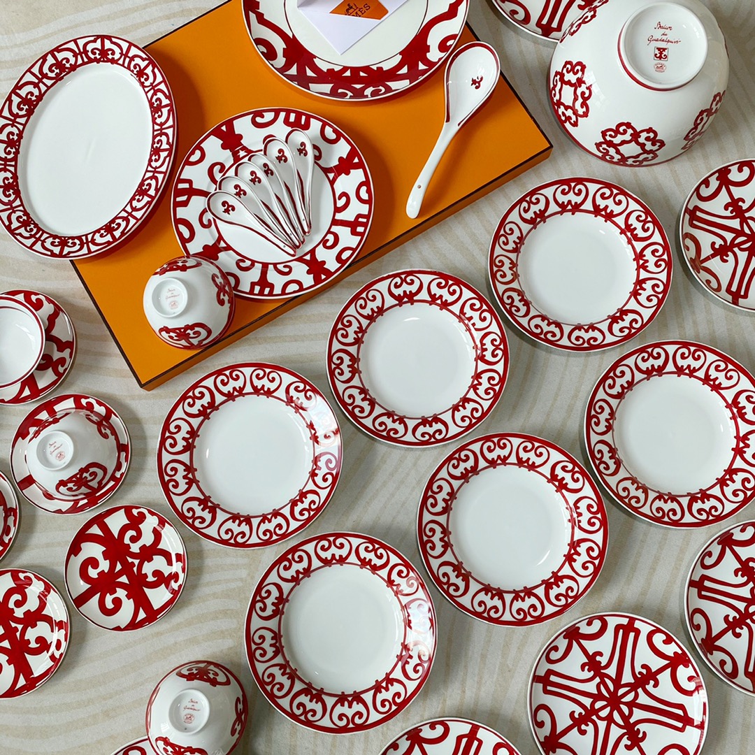 NIGO Hermes China Red Series Ceramic Dinner Plate, Bowl, Spoon, Teacup, 6-Person Set Accessories #nigo77263