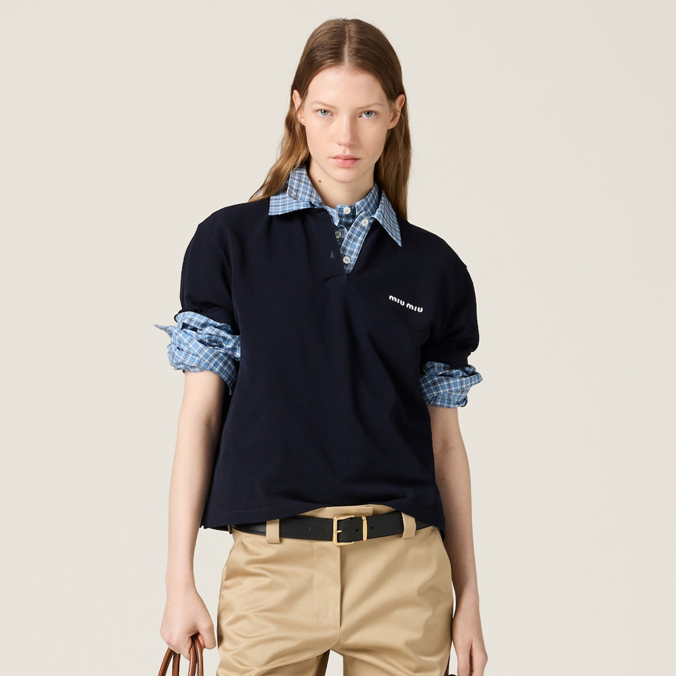 NIGO MiuMiu Women's Beaded Cotton Patchwork Plaid Polo Shirt Fashion Lapel Embroidered Letters Logo Casual Top #nigo77285