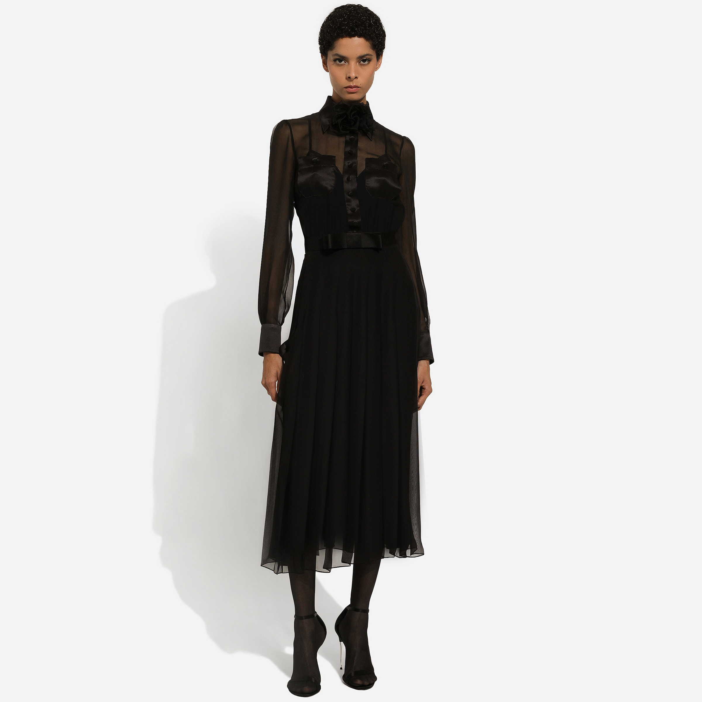 NIGO Dolce&Gabbana Women's Spring/Summer Solid Color Floral Bow Tie Mulberry Silk Waist-cinching Dress #nigo77257