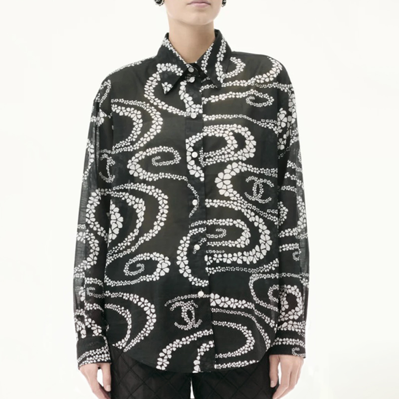 NIGO Chanel Women's CoCo Beach Cotton Logo Printed Spring Summer Fall Lapel Fit Long Sleeve Shirt #nigo77268