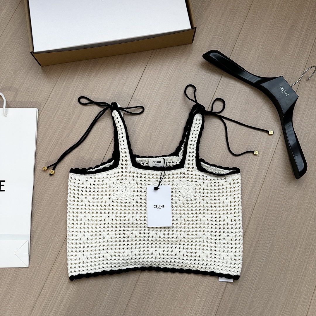 NIGO Celine Women's Summer Solid Color TRIOMPHE Crochet Knit Cotton Short Tank Top #nigo77318