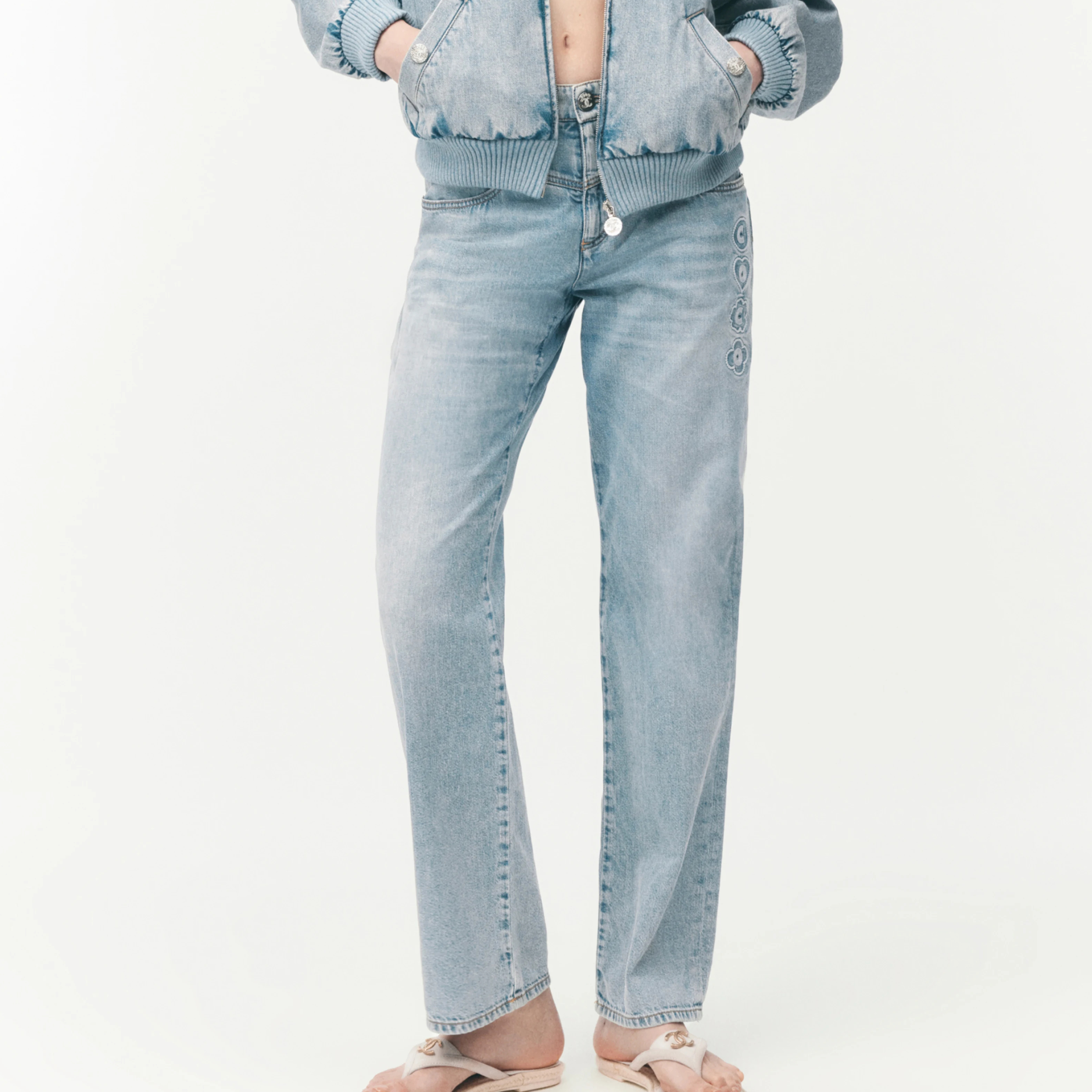 NIGO Chanel Women's CoCo Beach Four Seasons Solid Color Embroidered Straight Leg Denim Trousers Pants Ngvp #nigo1699