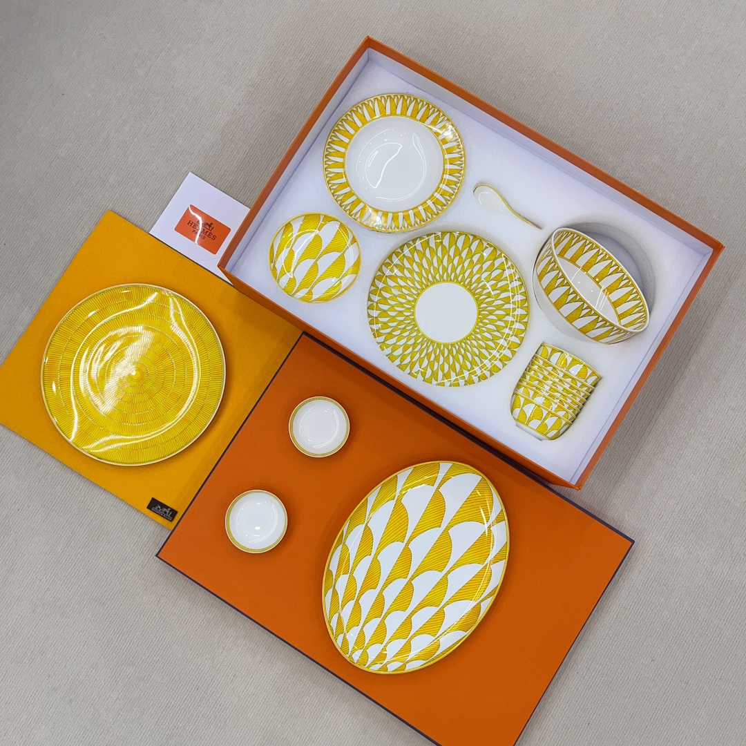 NIGO Hermes Soleil D'Hermes Tableware Collection Ceramic Dinner Plate, Soup Bowl, Soup Spoon, Bone Dish, Fruit Plate Multi-Configuration Set Accessories #nigo81281