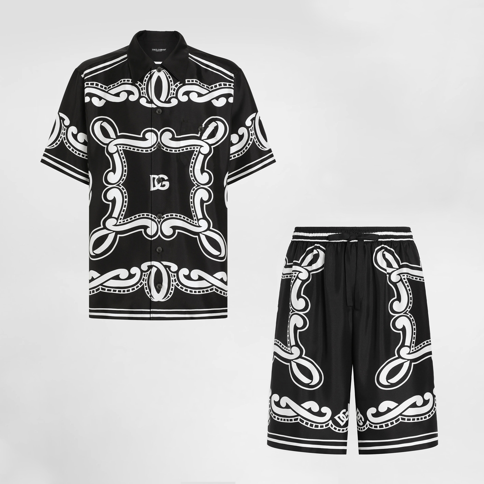 NIGO Dolce&Gabbana Men's Summer Bandanna Printed Silk Short Sleeve Shirt Casual Solid Color Elastic Waist Tie Shorts Suit Set #nigo81277