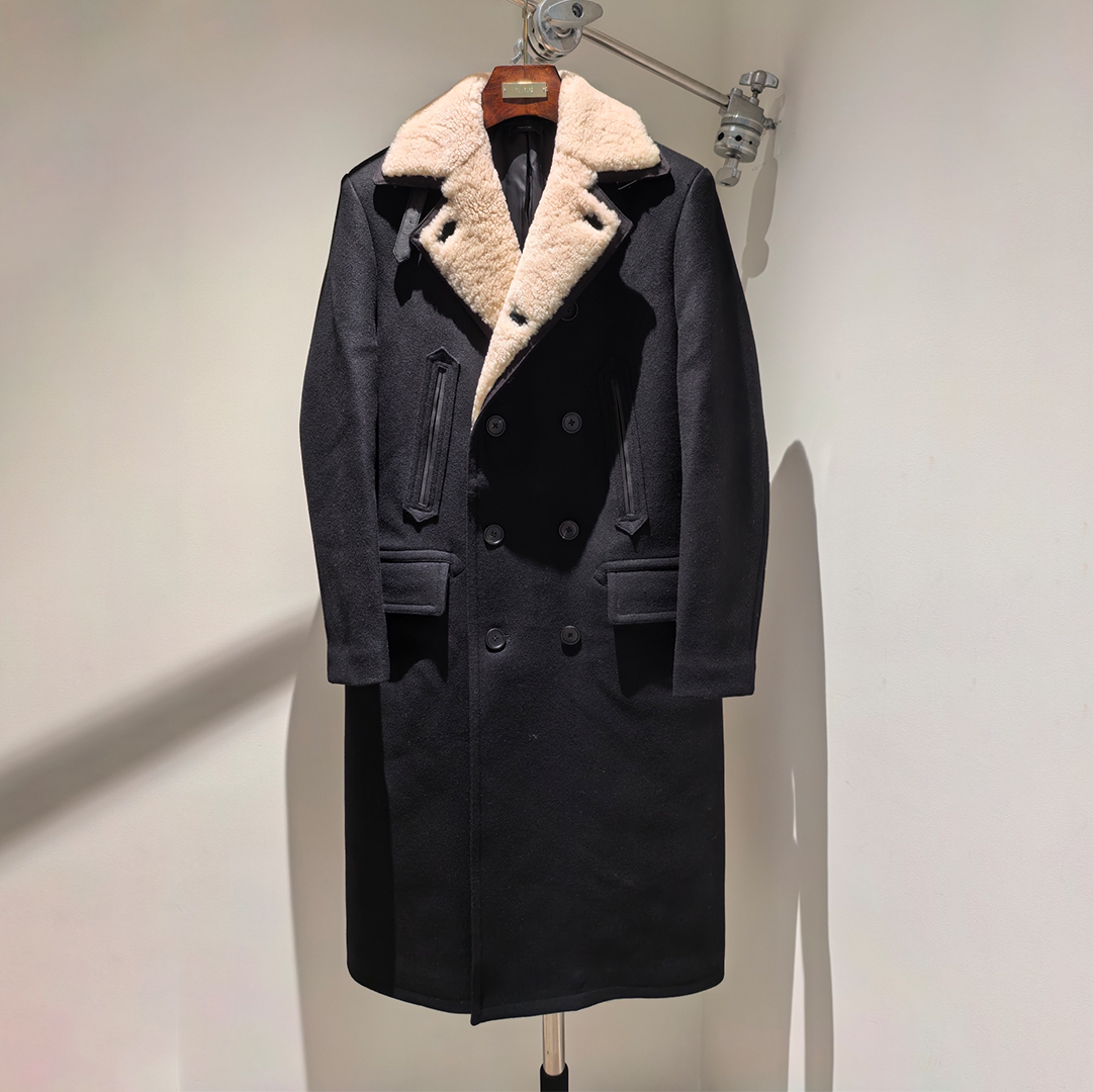 NIGO Tom Ford Men's Autumn And Winter Handmade Wool Collar Coat Fashion Trend Double-breasted Long Coat Warm Casual Temperament  #nigo81252