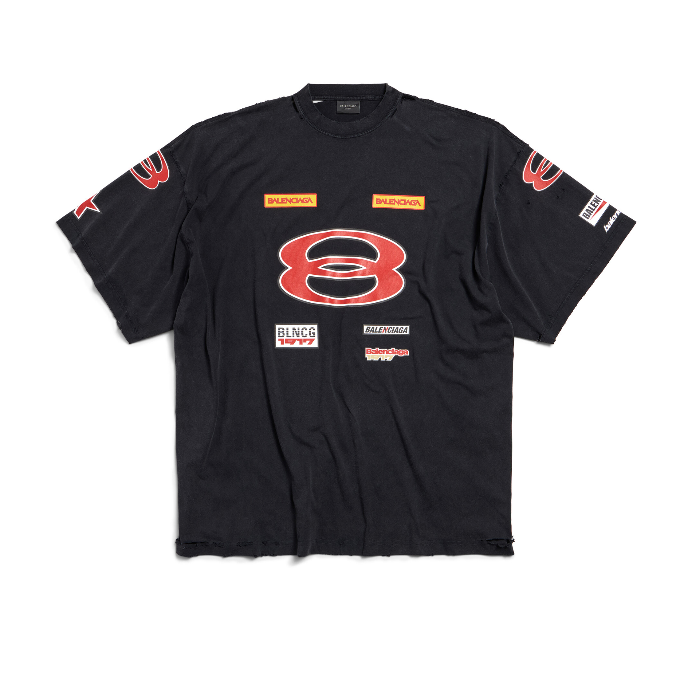 NIGO Balenciaga Men's Summer Sponsor Logos Faded Washed Black Silhouette T-shirt Straight Drawstring Casual Shorts Suit Set #nigo81248