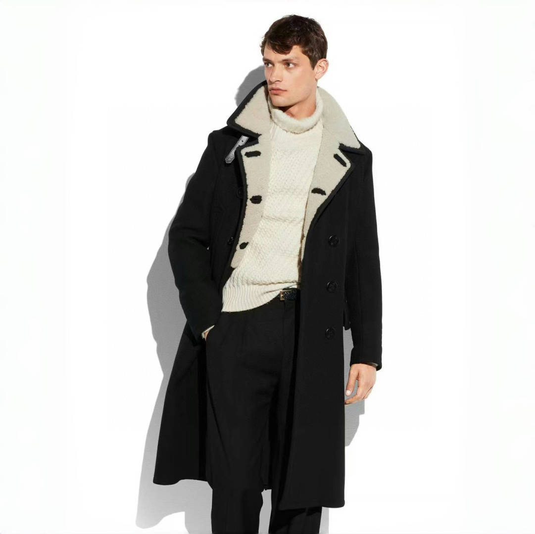 NIGO Tom Ford Men's Autumn And Winter Handmade Wool Collar Coat Fashion Trend Double-breasted Long Coat Warm Casual Temperament  #nigo81252
