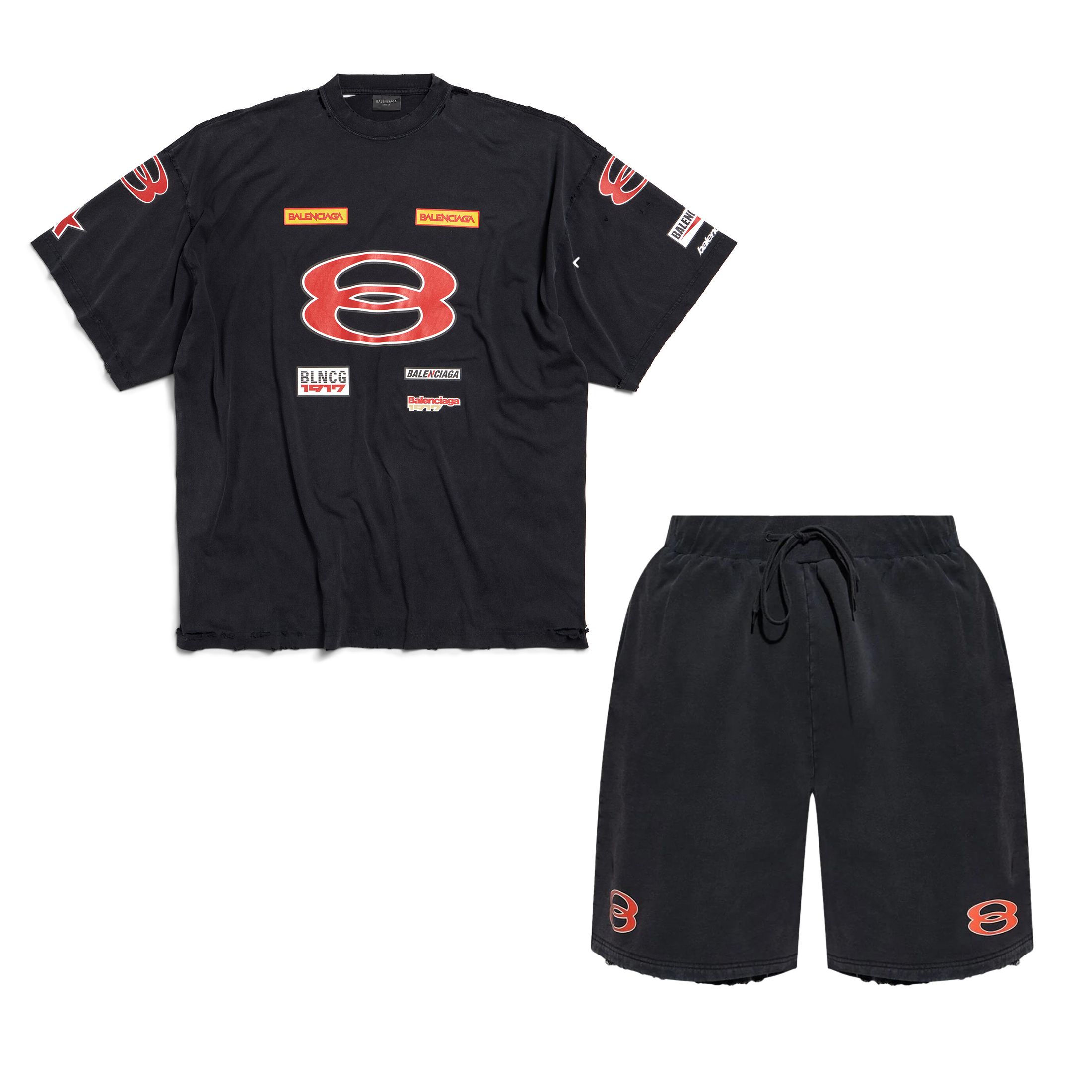 NIGO Balenciaga Men's Summer Sponsor Logos Faded Washed Black Silhouette T-shirt Straight Drawstring Casual Shorts Suit Set #nigo81248