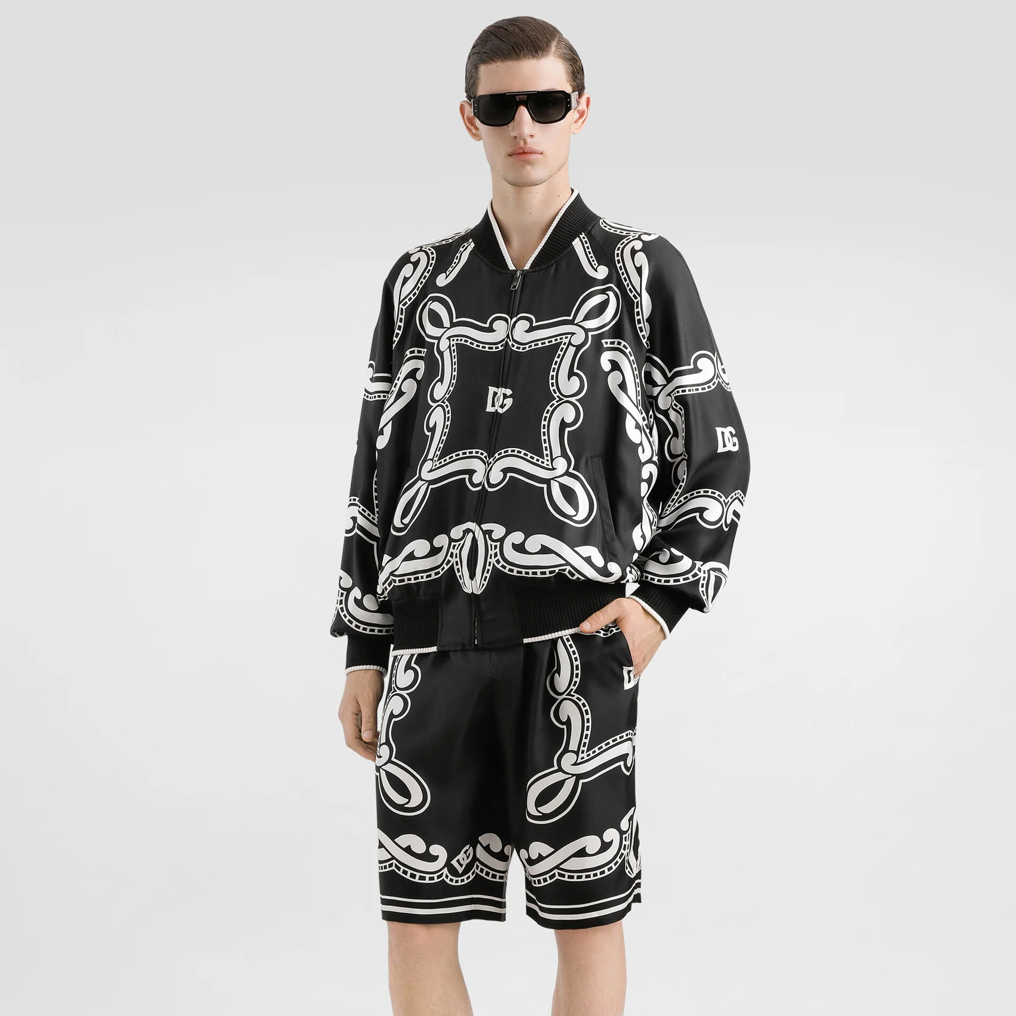 NIGO Dolce&Gabbana Men's Summer Bandanna Printed Silk Short Sleeve Shirt Casual Solid Color Elastic Waist Tie Shorts Suit Set #nigo81277
