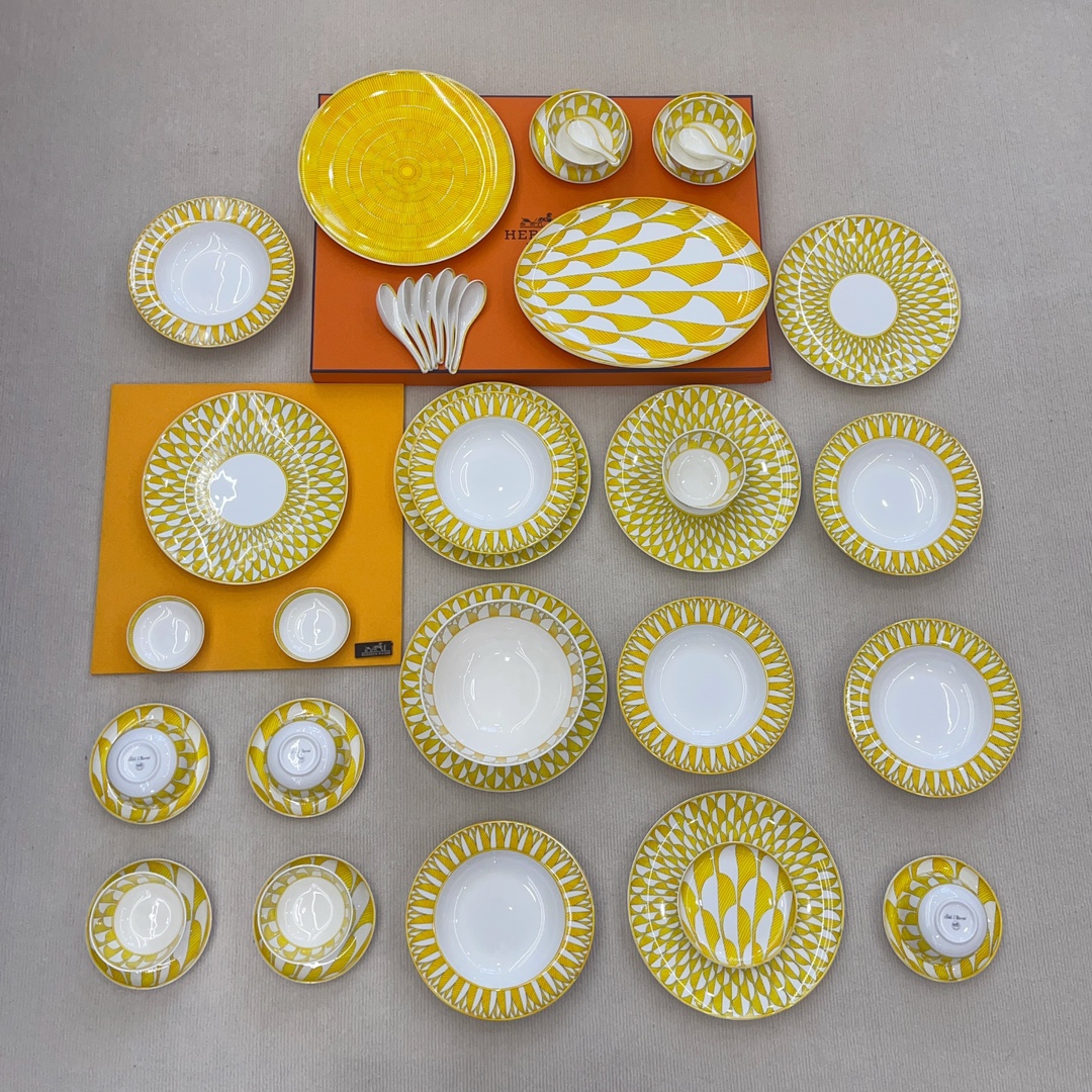 NIGO Hermes Soleil D'Hermes Tableware Collection Ceramic Dinner Plate, Soup Bowl, Soup Spoon, Bone Dish, Fruit Plate Multi-Configuration Set Accessories #nigo81281