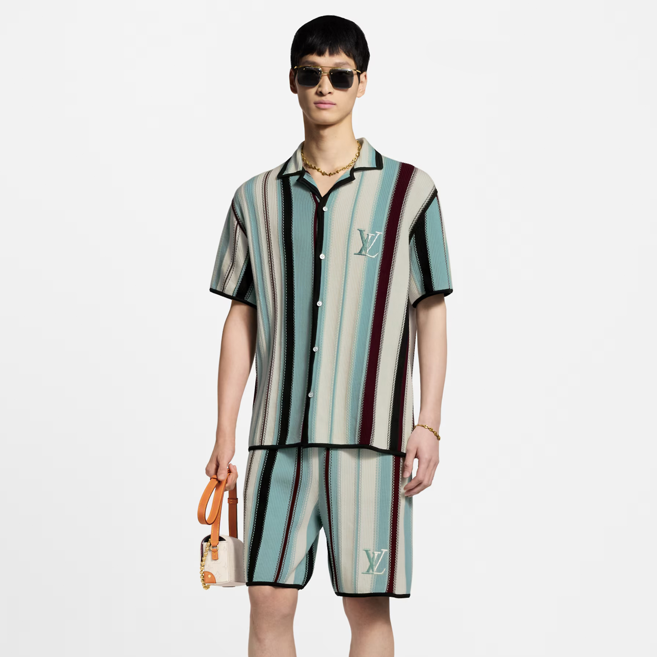 NIGO Louis Vuitton Men's Summer Embroidered Logo Stripe Crochet Single Breasted Short Sleeve Shirt Casual Lace Up Shorts Suit Set #nigo81258