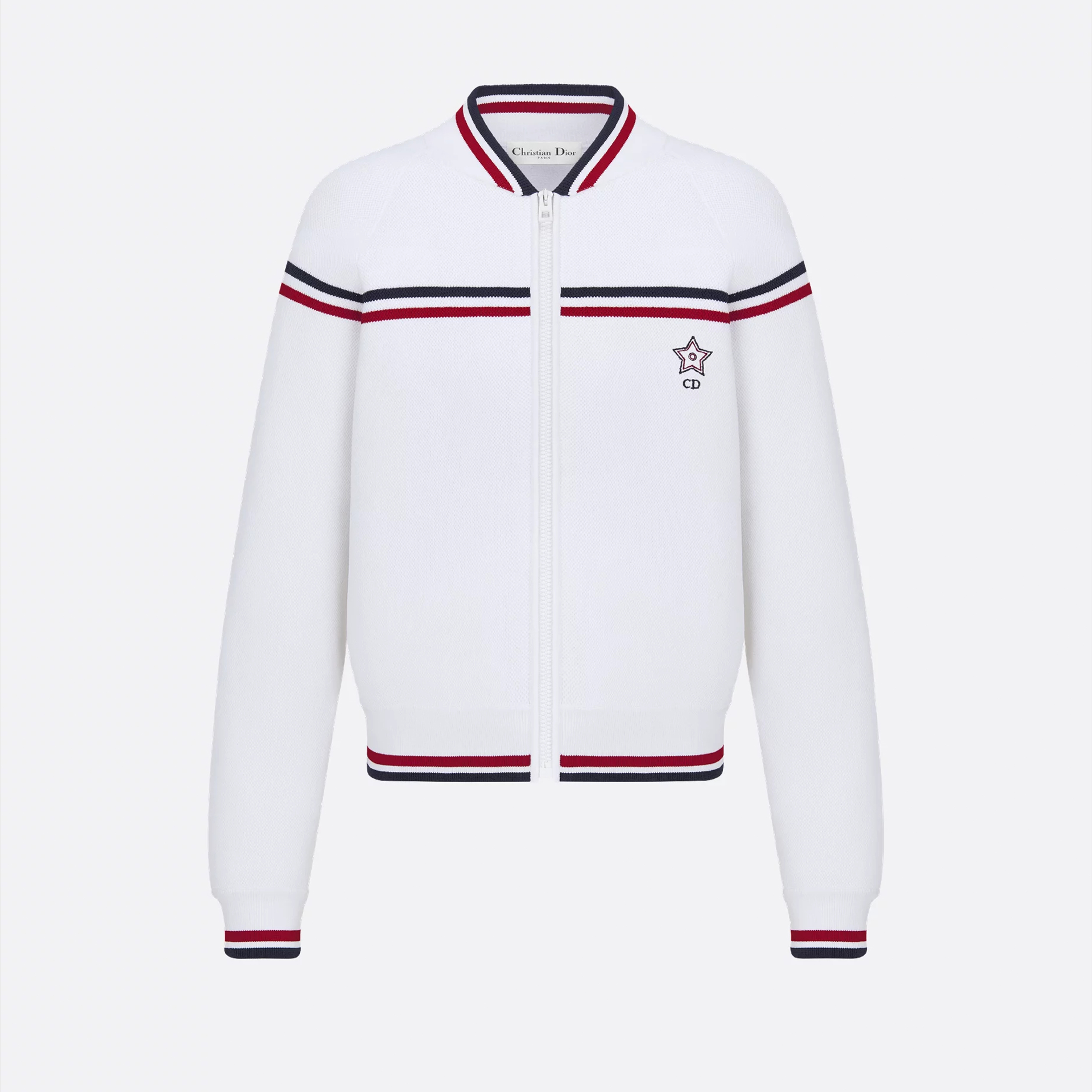 NIGO Dior Women's Spring Summer New Vibe Pilot Jacket White Zip Jacket Tricolour Strip Woven Embroidered Logo Pleated Half Skirt Set Suit #nigo81259