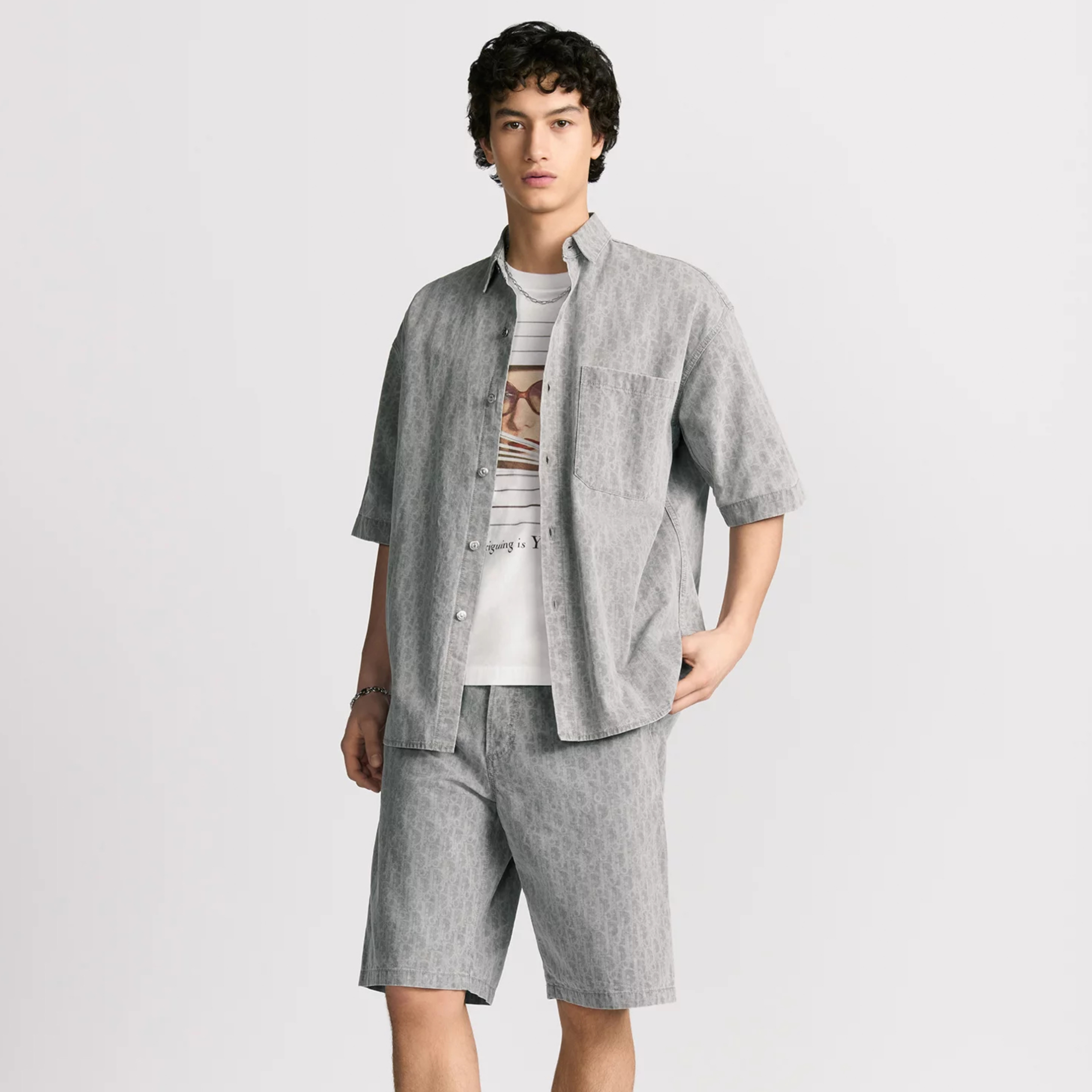 NIGO Dior Men's Spring Summer Grey Cotton Denim Oblique Printed Lapel Single Breasted Shirt Denim Straight Wide Leg Shorts Set Suit  #nigo81256