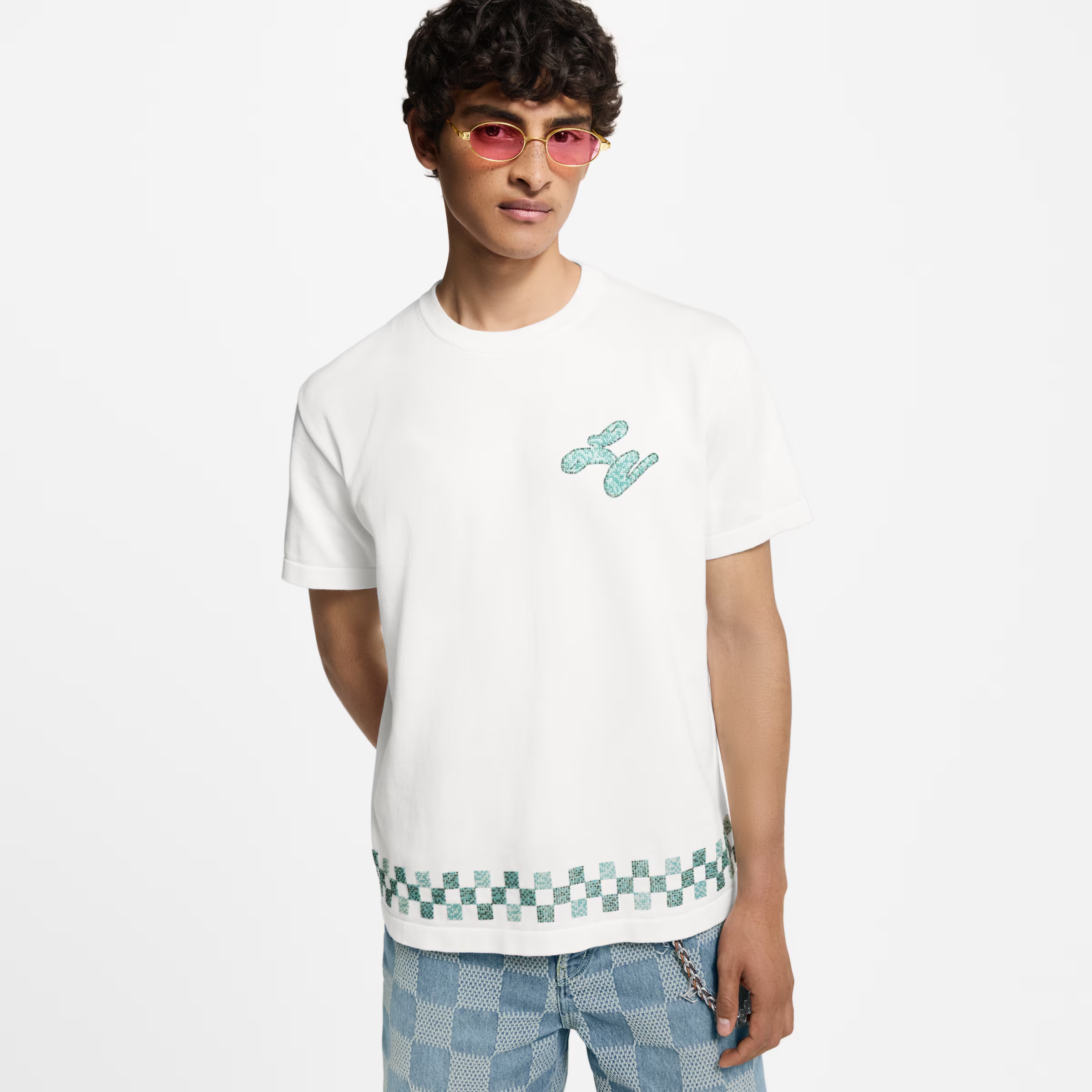 NIGO Louis Vuitton Men's Summer Hem Checkered Hot Drill Embroidery Fitted Cotton Short Sleeve Round Neck T-Shirt #nigo81299