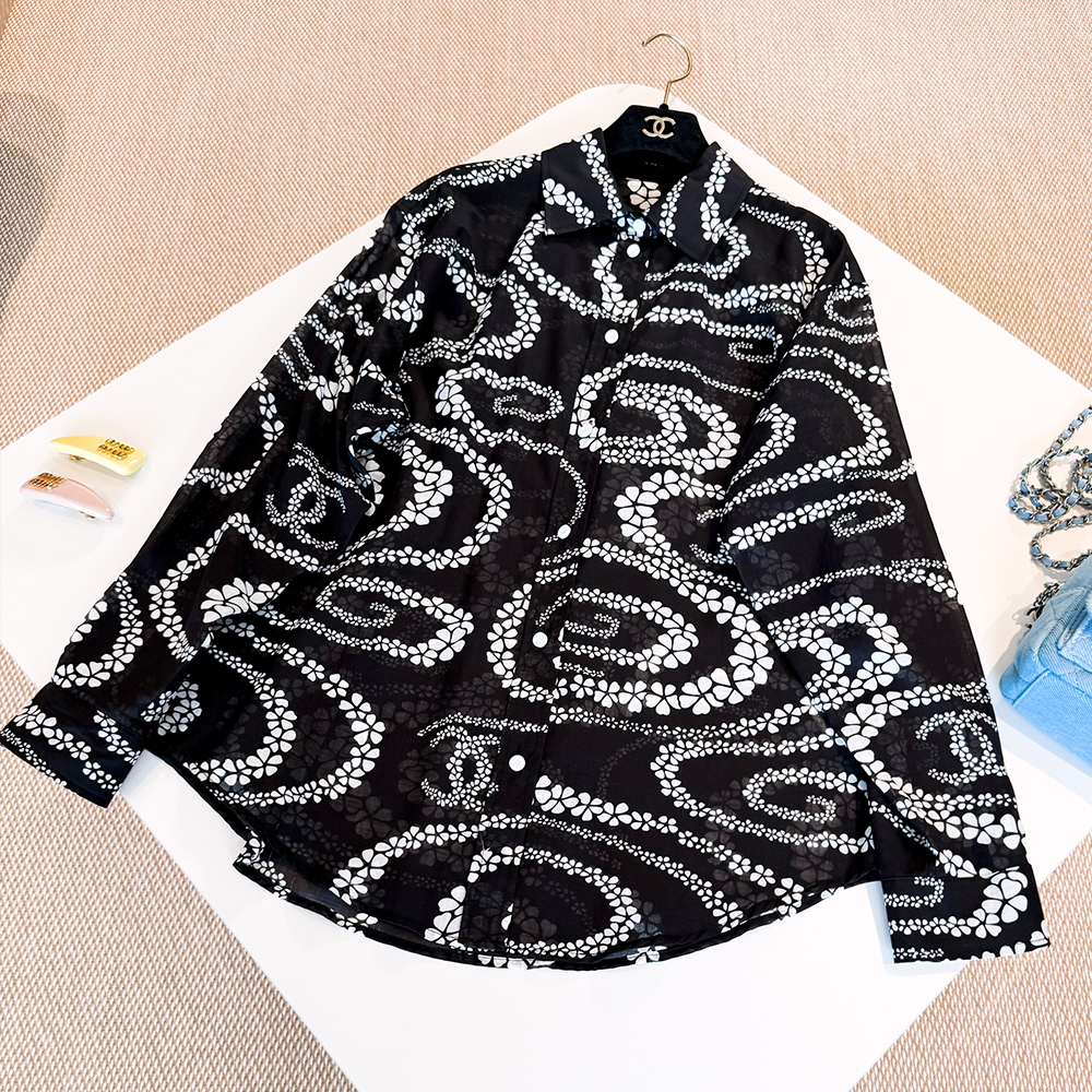 NIGO Chanel Women's CoCo Beach Printed Cotton Lapel Spring Solid Color Long Sleeve Shirt #nigo81316