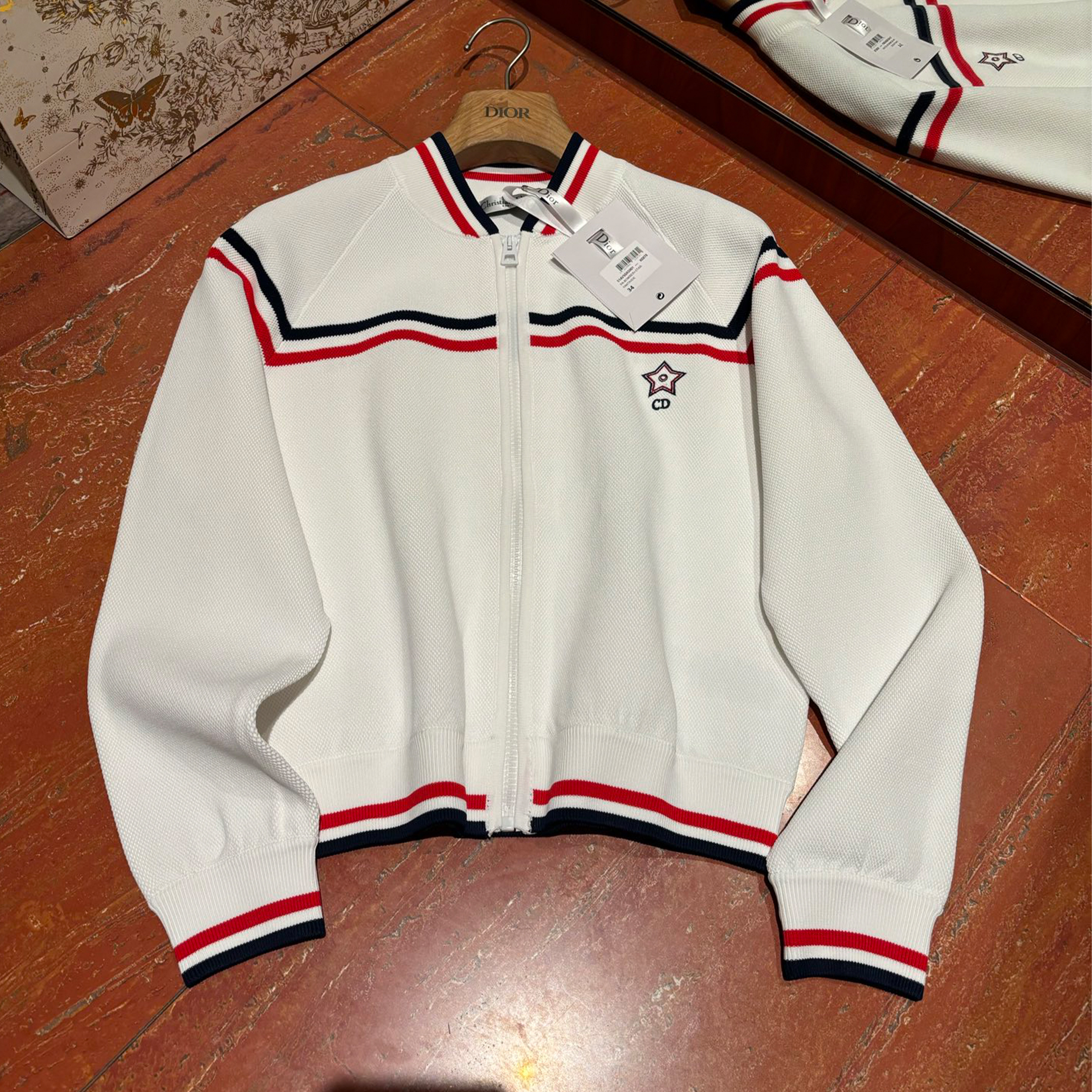 NIGO Dior Women's Spring Summer New Vibe Pilot Jacket White Zip Jacket Tricolour Strip Woven Embroidered Logo Pleated Half Skirt Set Suit #nigo81259