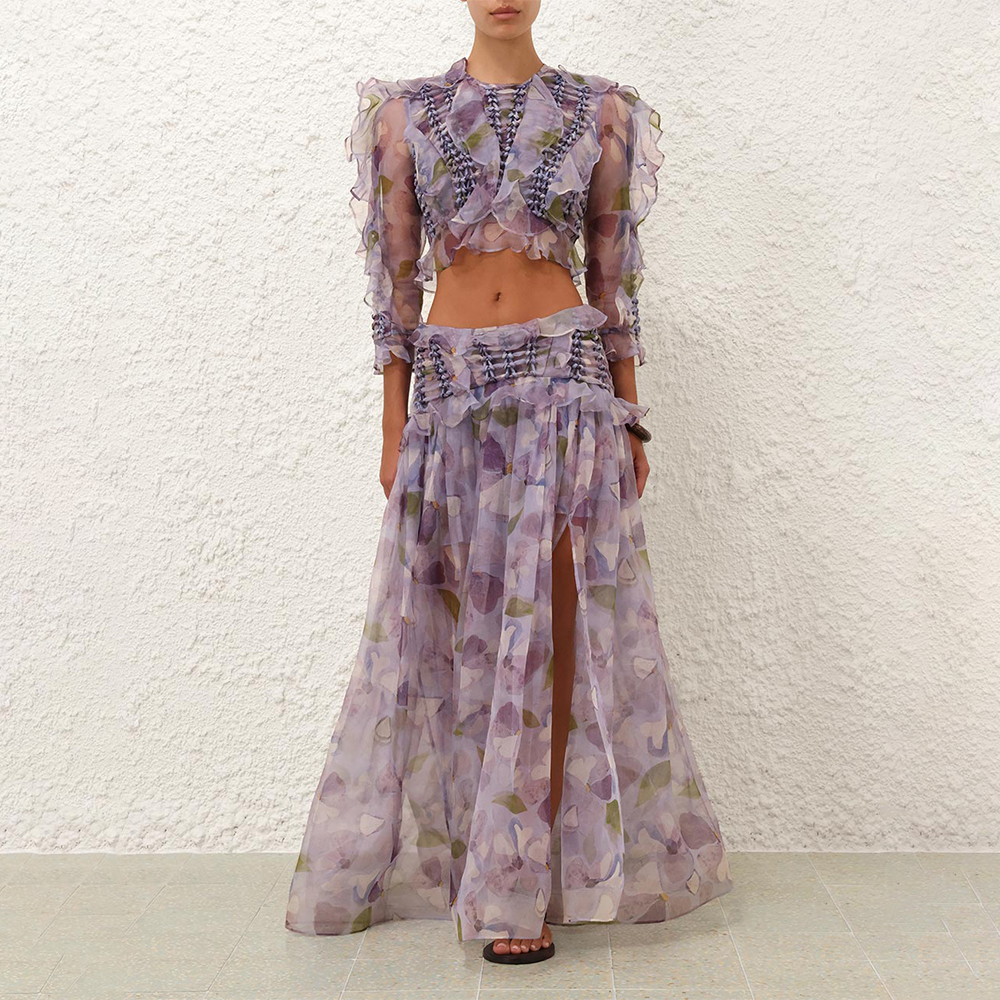 NIGO Zimmermann Women's Spring And Autumn Dawning Braided Bodice Floral Printed Silk Round Neck Top Casual Maxi Skirt #nigo81314