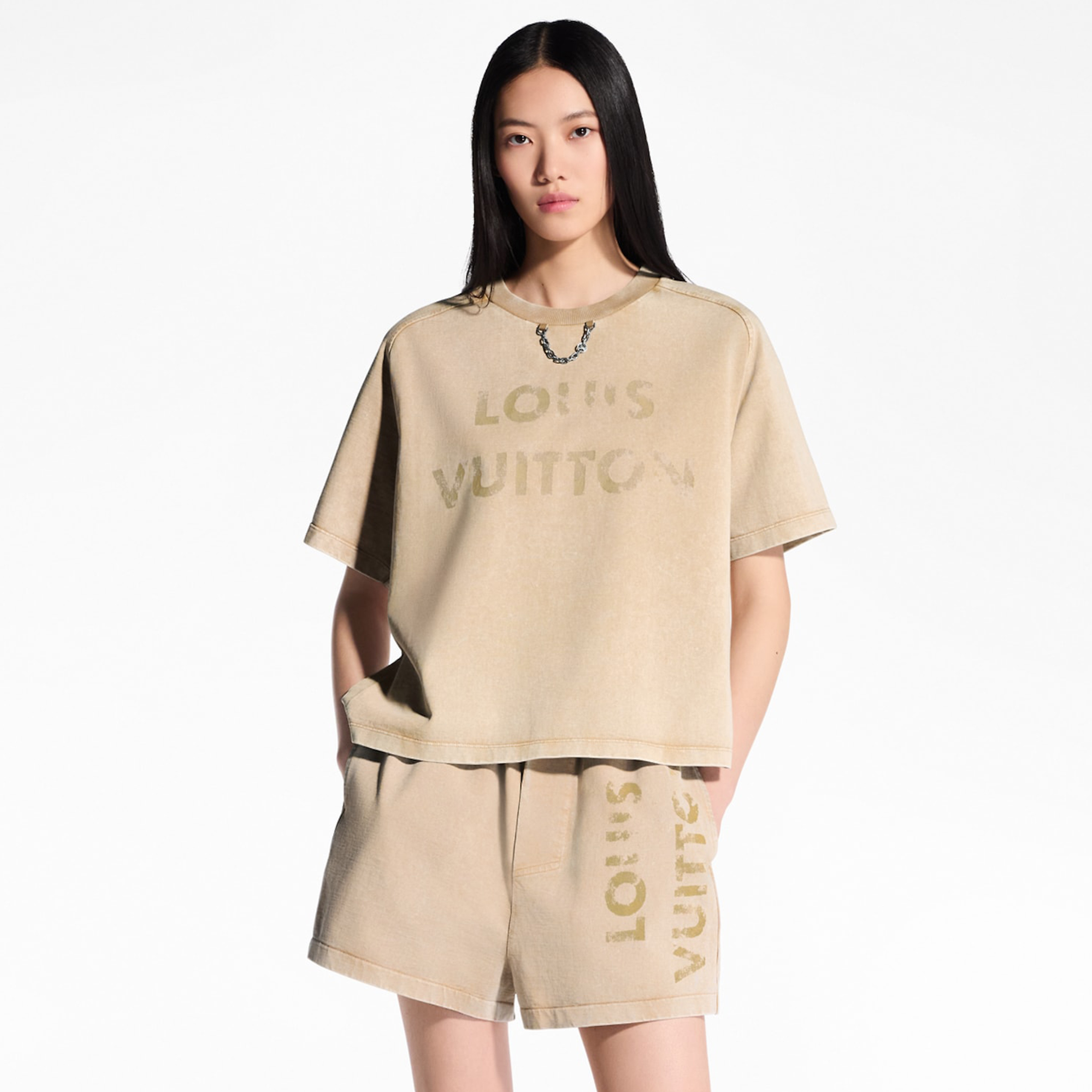 NIGO Louis Vuitton Women's Spring And Summer Vintage Aged Faded T Shirt Fashion Flat Shorts Letter Logo Casual Suit Set #nigo81376