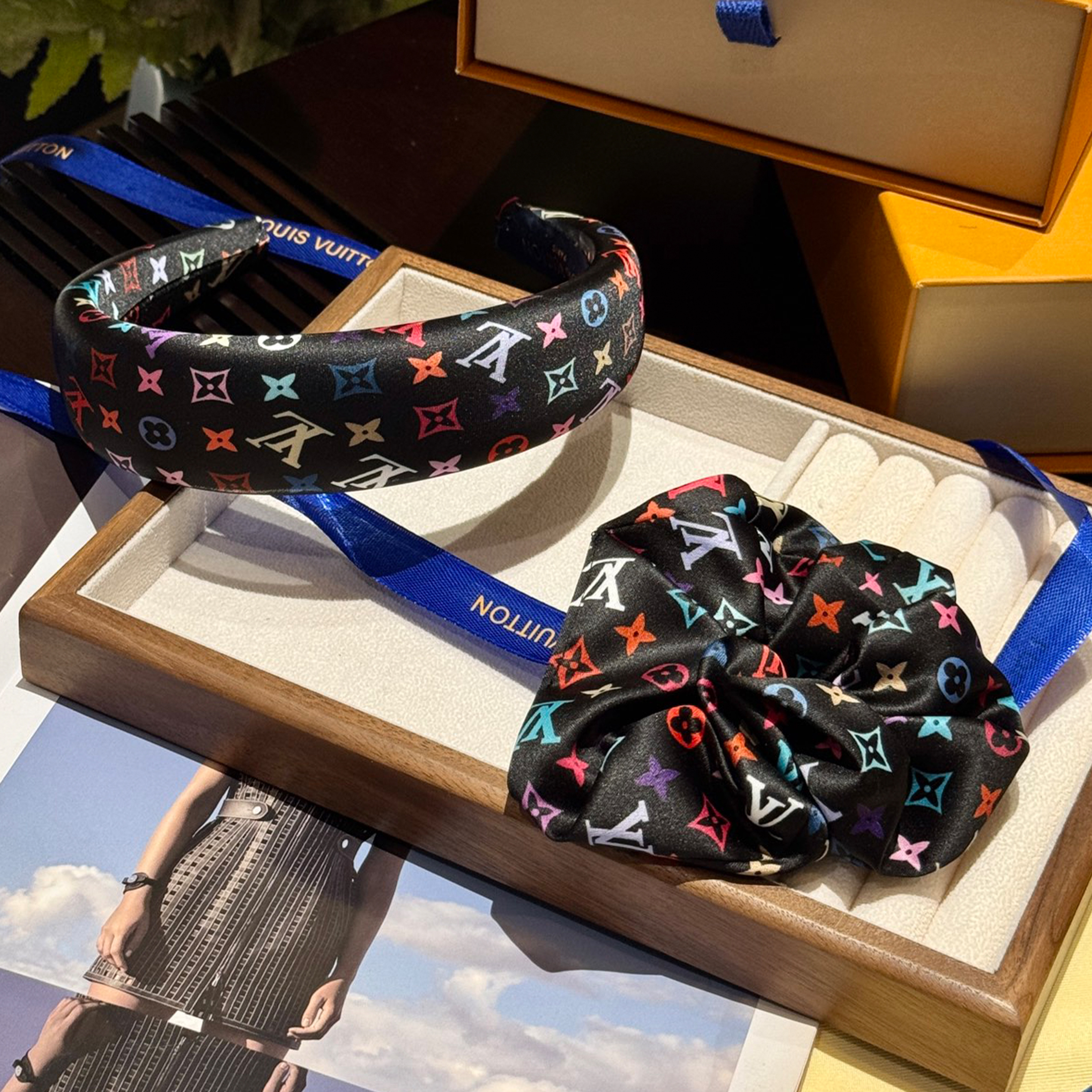 NIGO Louis Vuitton Monogram Printed Black Tri-colour Women's Fashion Temperament Elegant Hair Bands Headwear Accessories #nigo81372