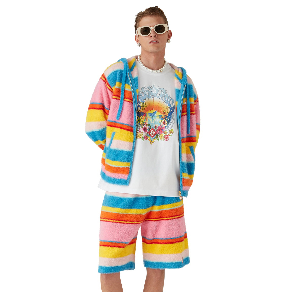 NIGO Casablanca Men's and Women's Spring/Autumn Color-block Striped Hooded Zipper Long-sleeved Jacket and Casual Drawstring Shorts Set Suit #nigo77329