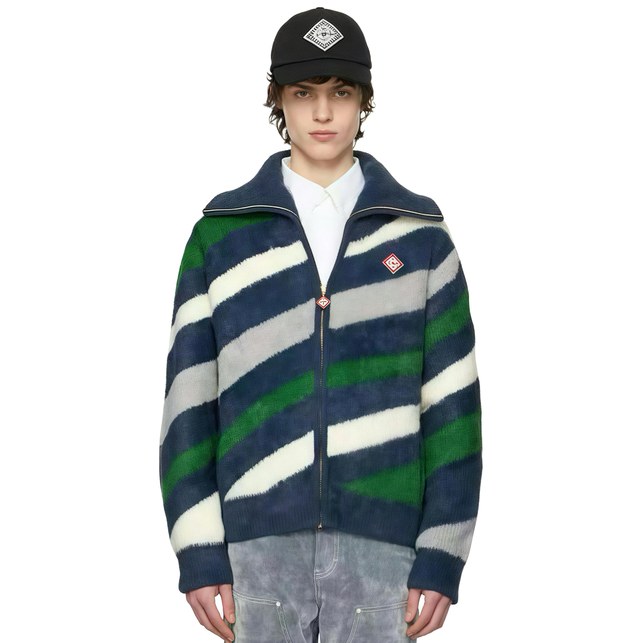 NIGO Casablanca Men's and Women's Autumn/Winter Color Block Printed High Neck Zipper Long Sleeve Knitted Jacket #nigo77328