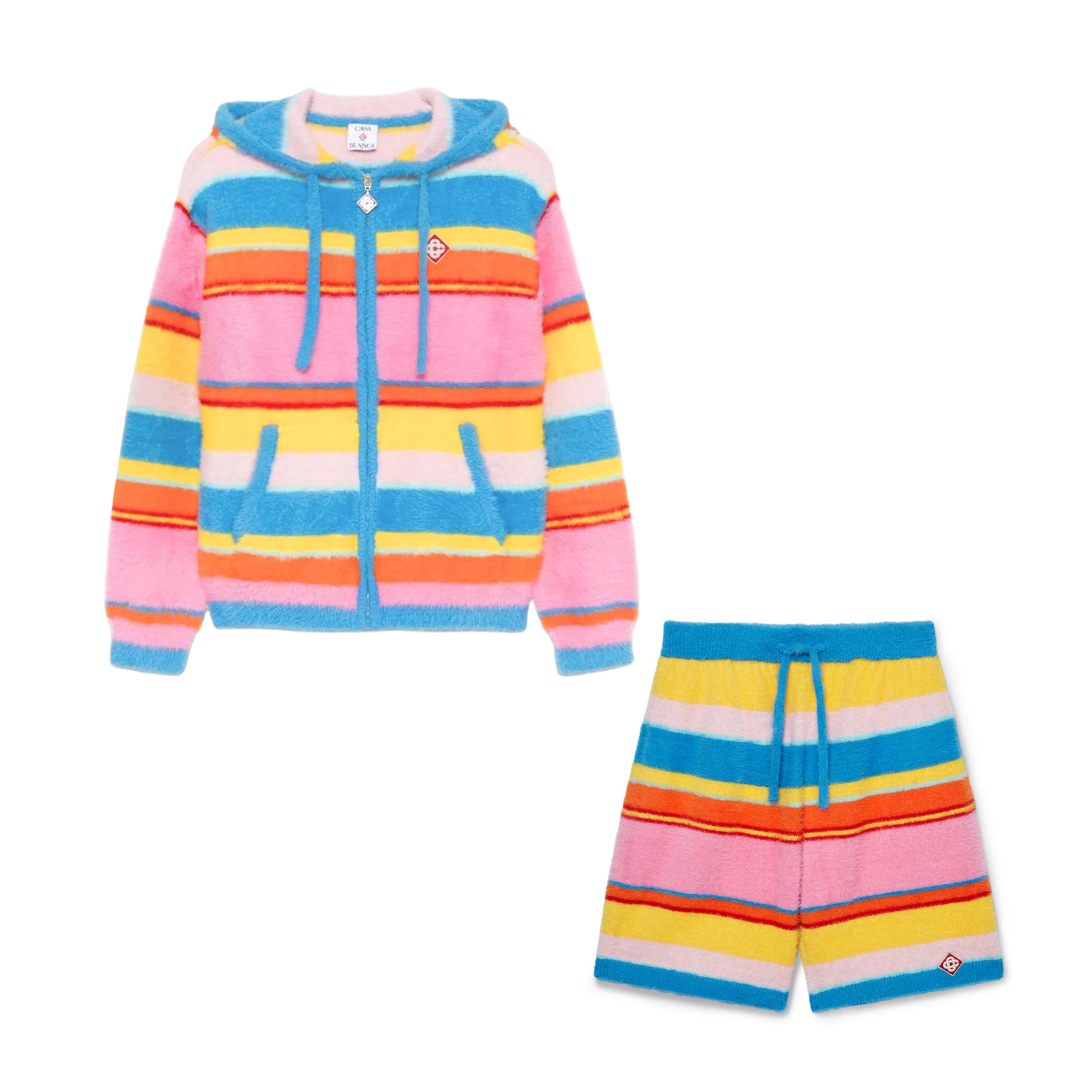 NIGO Casablanca Men's and Women's Spring/Autumn Color-block Striped Hooded Zipper Long-sleeved Jacket and Casual Drawstring Shorts Set Suit #nigo77329
