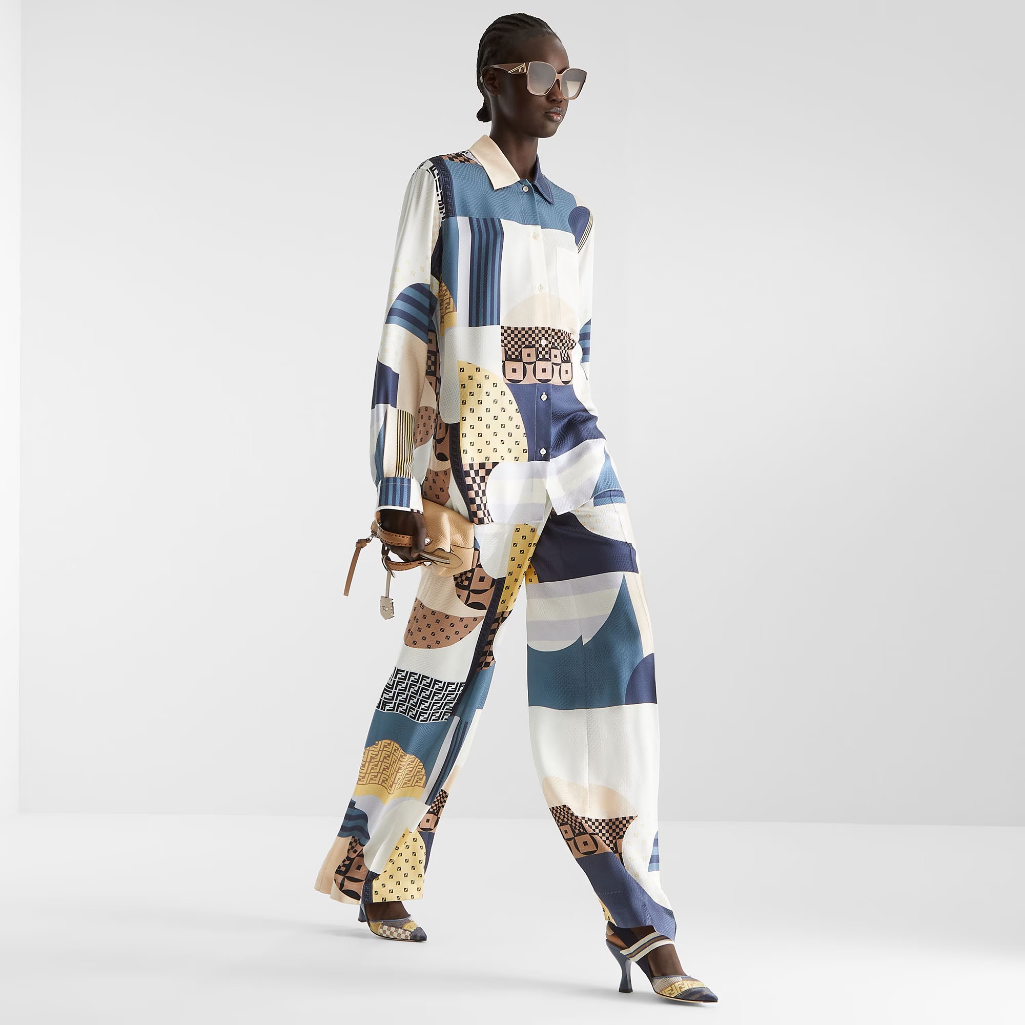 NIGO Fendi Women's Summer Patchwork Printed Single-Breasted Long-Sleeved Shirt and Casual Pants Set Suit #nigo77336