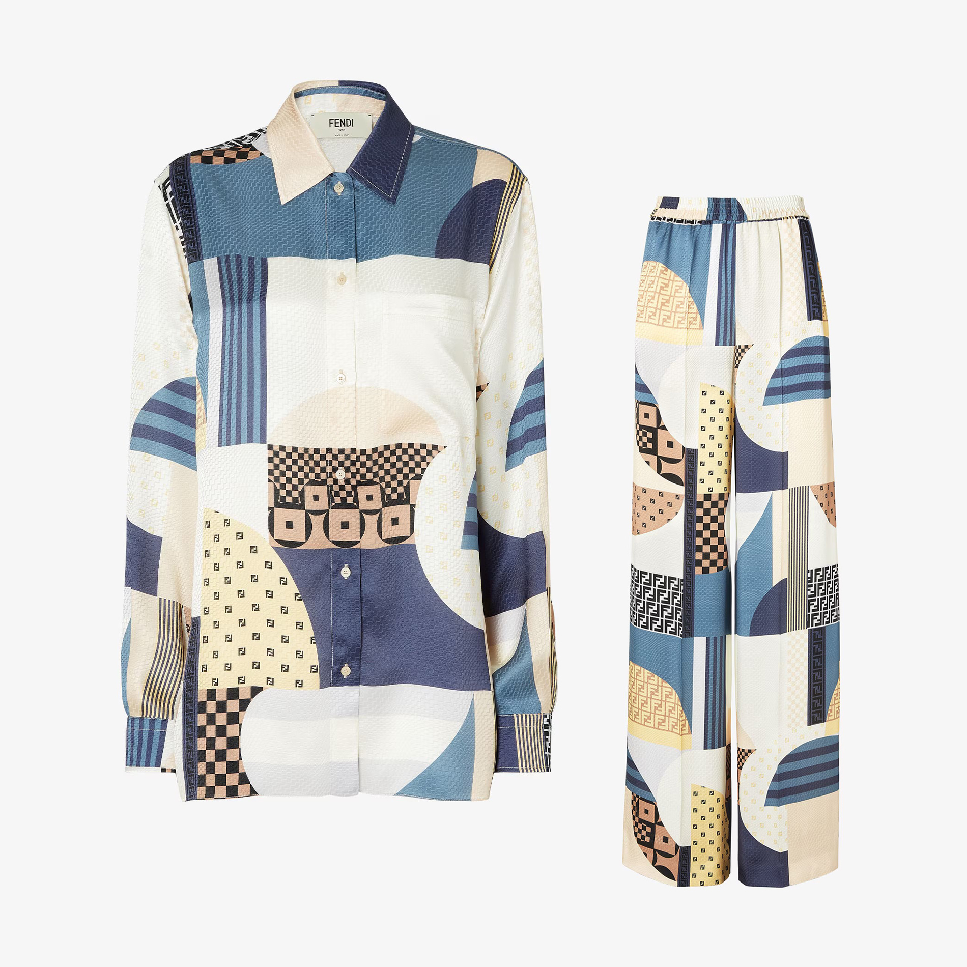 NIGO Fendi Women's Summer Patchwork Printed Single-Breasted Long-Sleeved Shirt and Casual Pants Set Suit #nigo77336