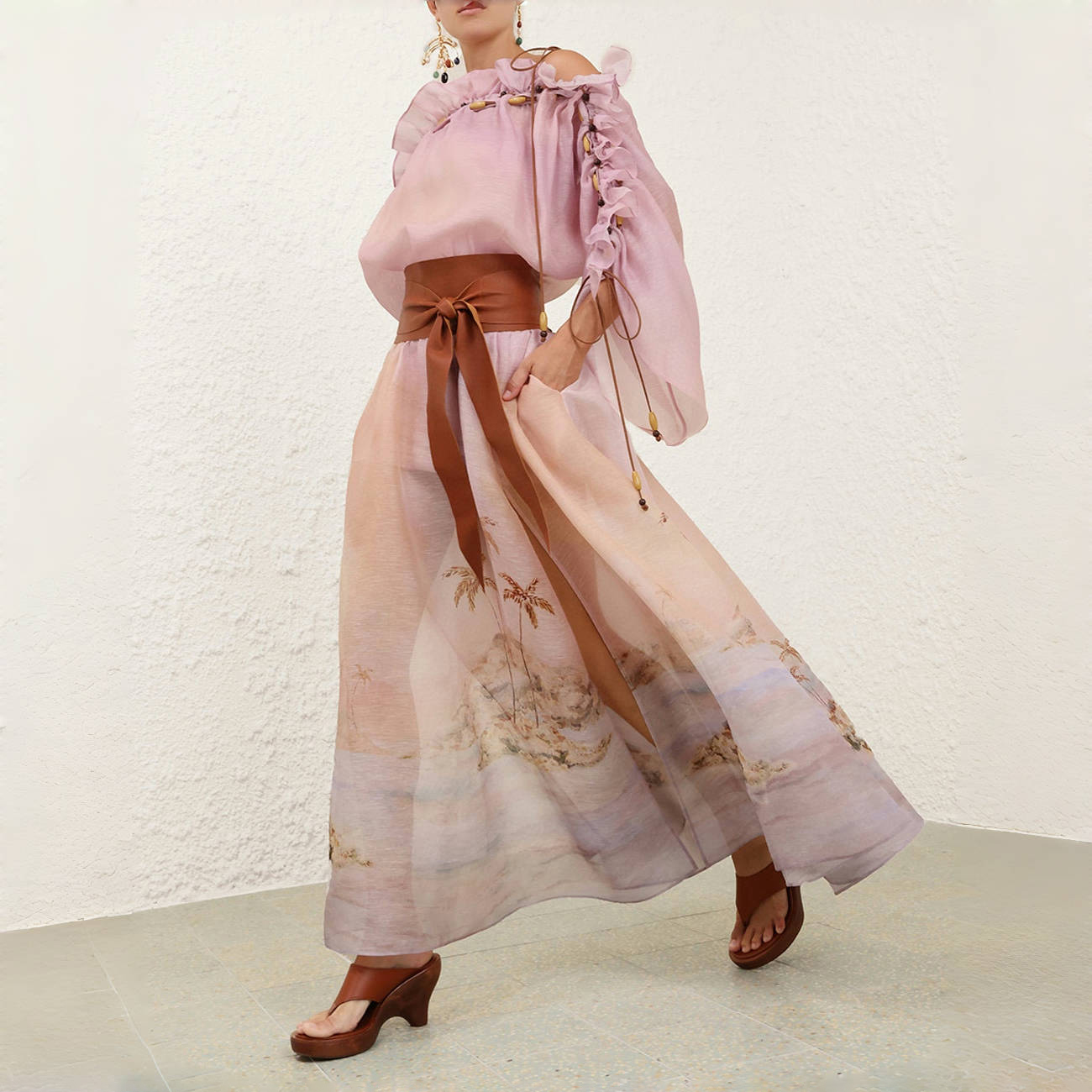 NIGO Zimmermann Women's Summer Solid Color Seascape Pattern Printed Silk Linen Ruffle Long Dress #nigo77343