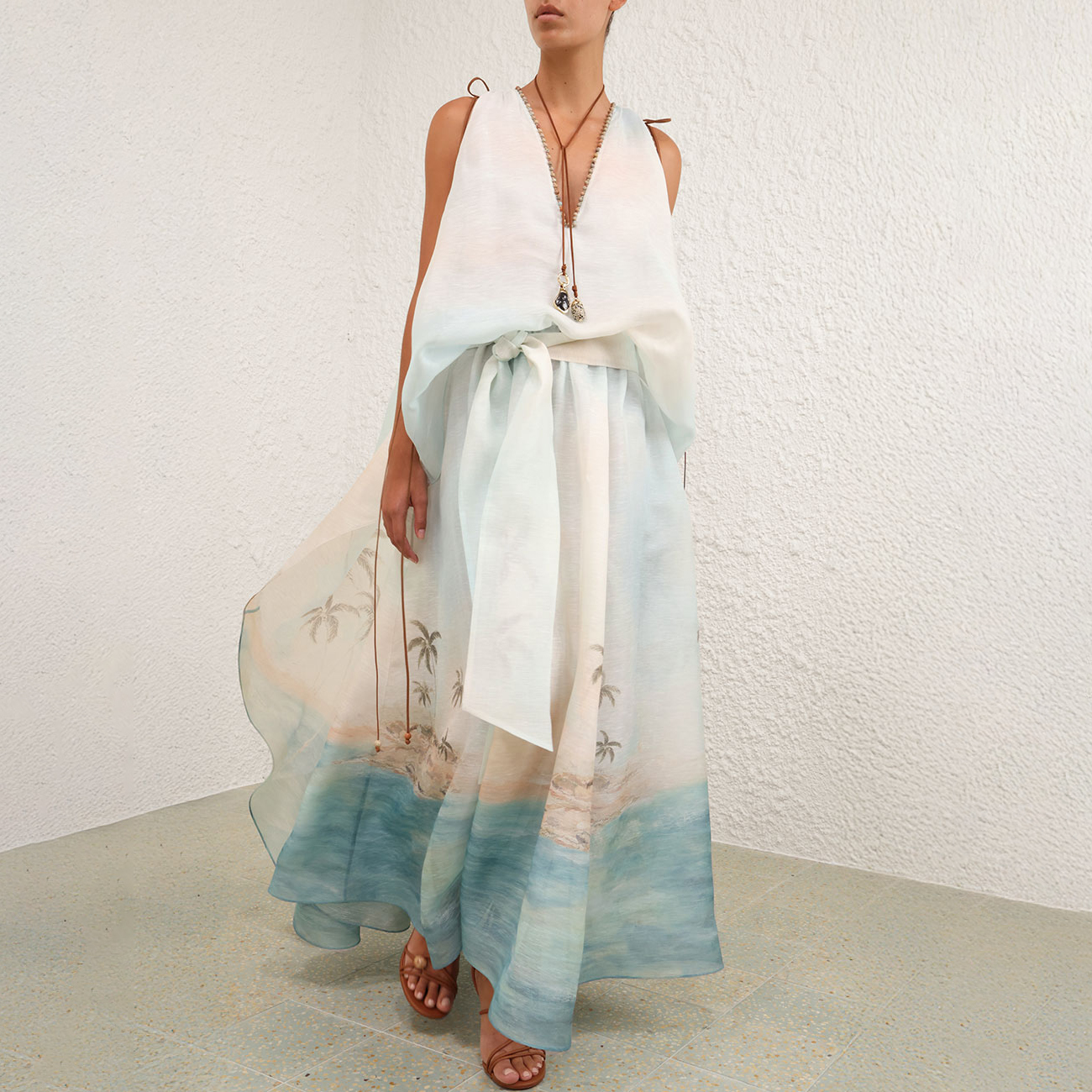 NIGO Zimmermann Women's Summer Solid Color Seascape Pattern Printed V-neck Sleeveless Long Dress #nigo77342