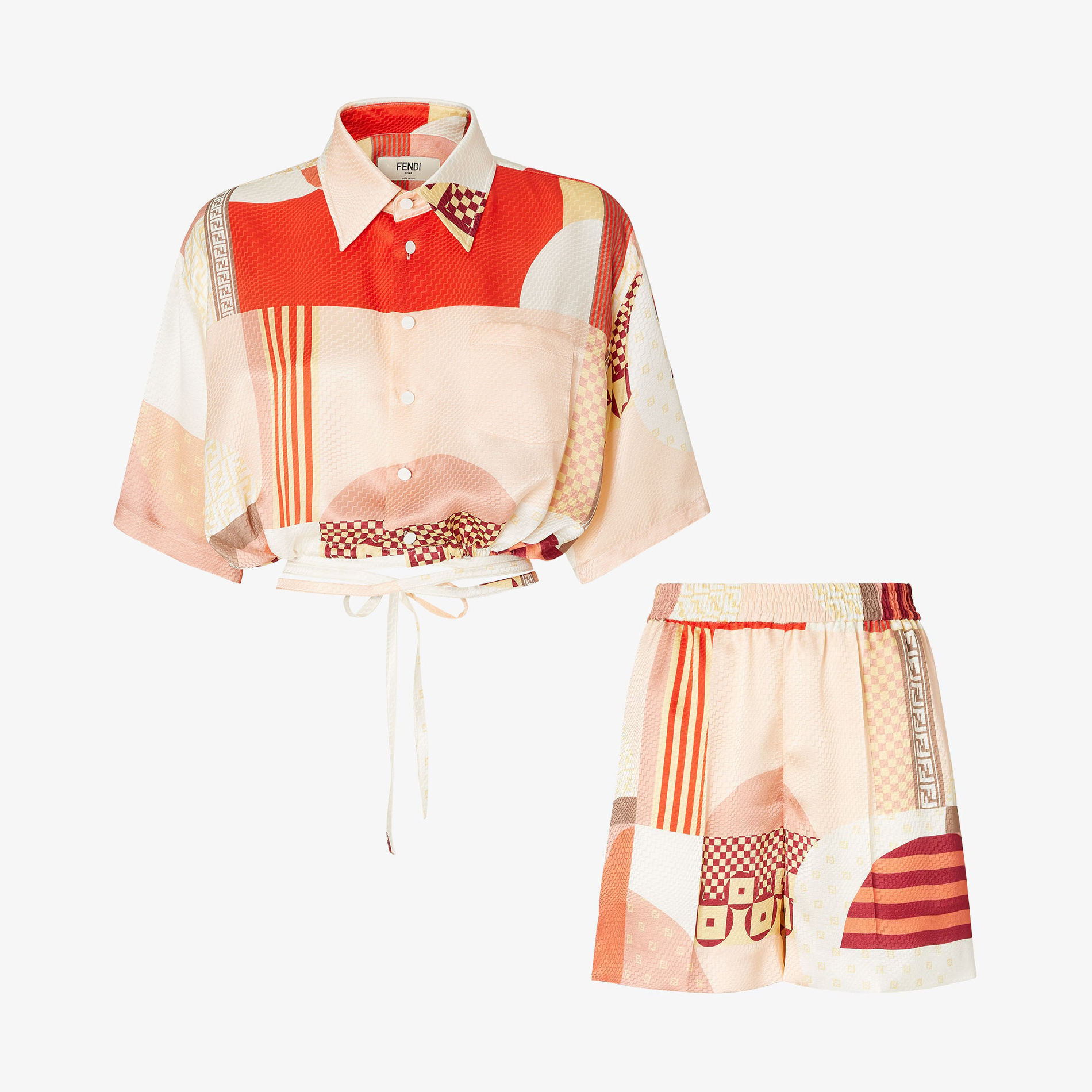 NIGO Fendi Women's Summer Geometric Pattern Printed Drawstring Hem Short Sleeved Silk Single Button Top And Casual Shorts Set Suit #nigo77335