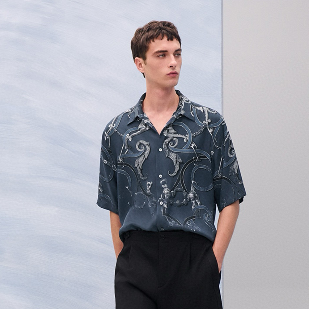 NIGO Hermes Men's Summer Silk Straight Printed Solid Color Short Sleeve Shirt Elastic Waist Swim Shorts Casual Shorts Ngvp #nigo1817