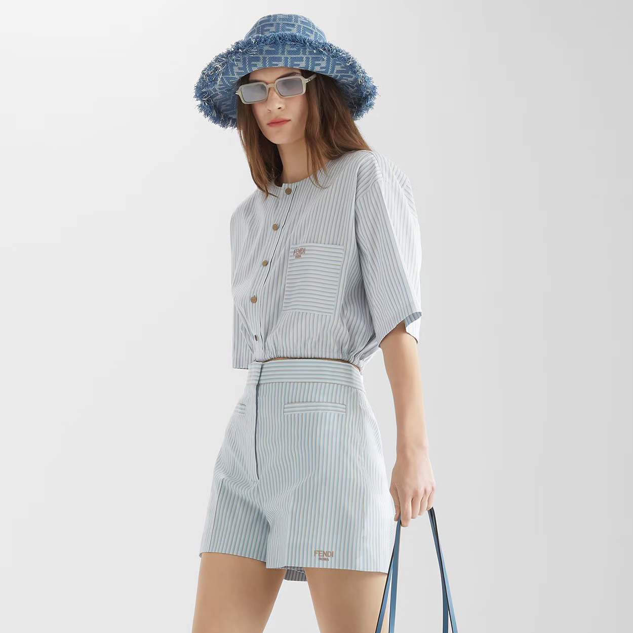 NIGO Fendi Women's Summer Solid Color Striped Printed Hem Tie-up Round Neck Single-breasted Short-sleeved Top And Casual Shorts Set Suit #nigo77357