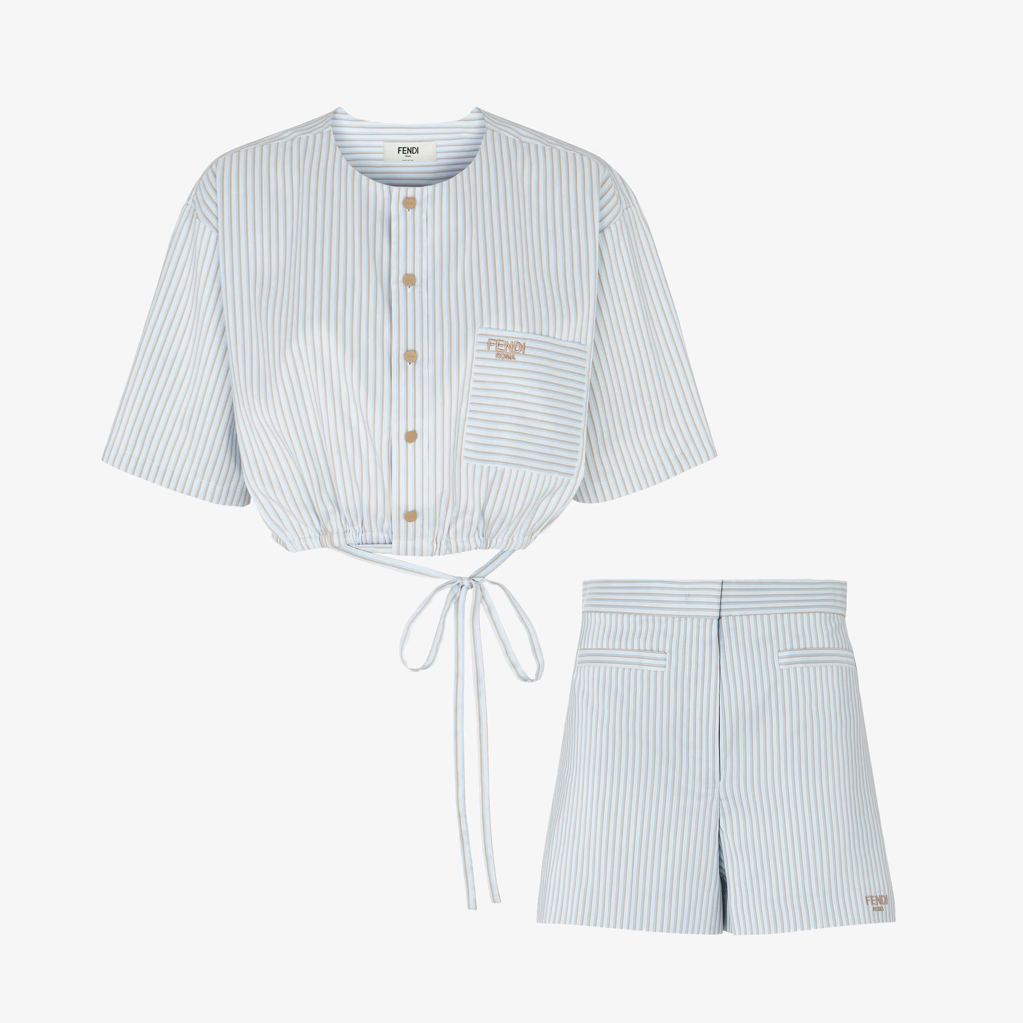 NIGO Fendi Women's Summer Solid Color Striped Printed Hem Tie-up Round Neck Single-breasted Short-sleeved Top And Casual Shorts Set Suit #nigo77357