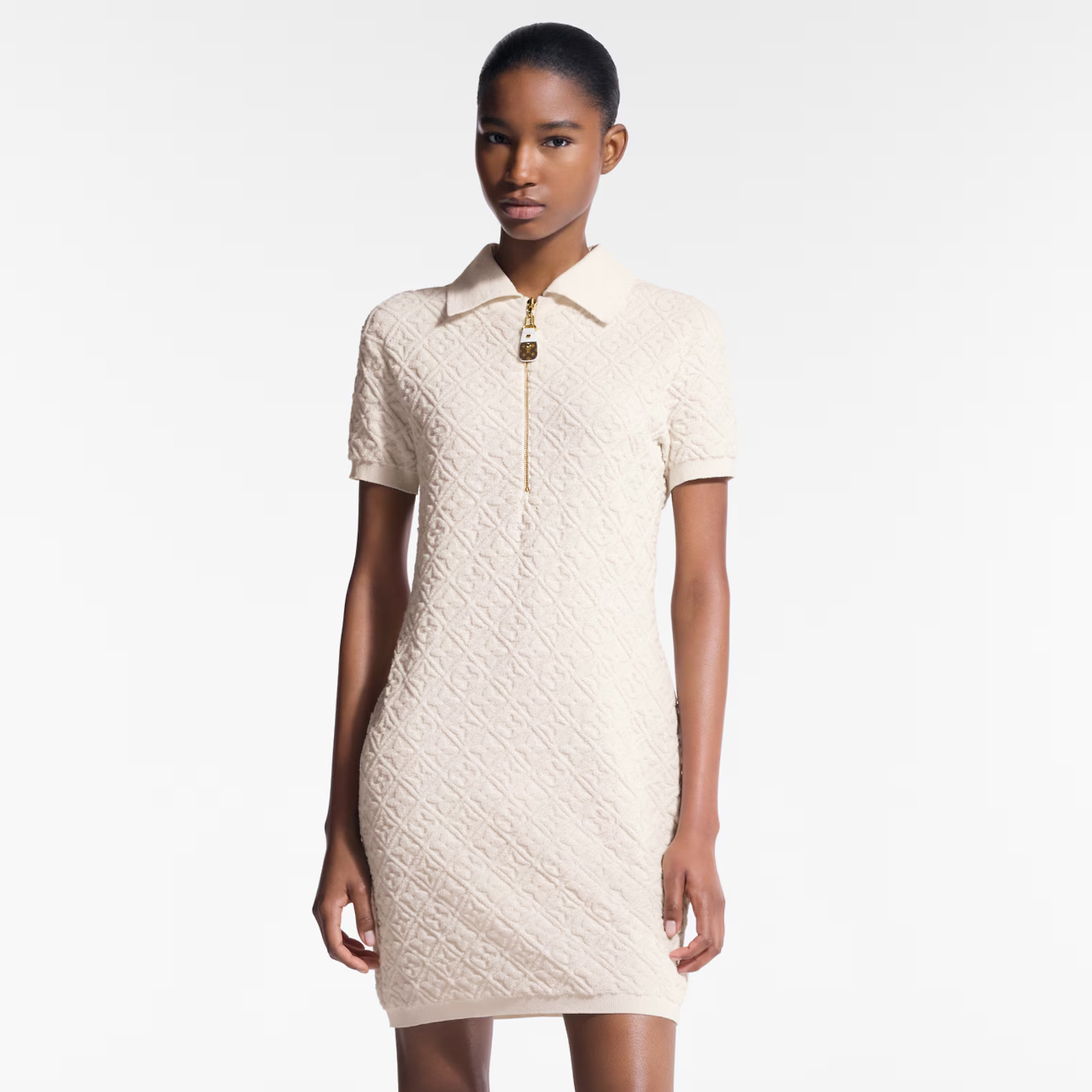 NIGO Louis Vuitton Women's Spring/Summer Embossed Letter Print Solid Color Wool Knit Half-Zip Slim-Fit Short-Sleeve Dress #nigo77361