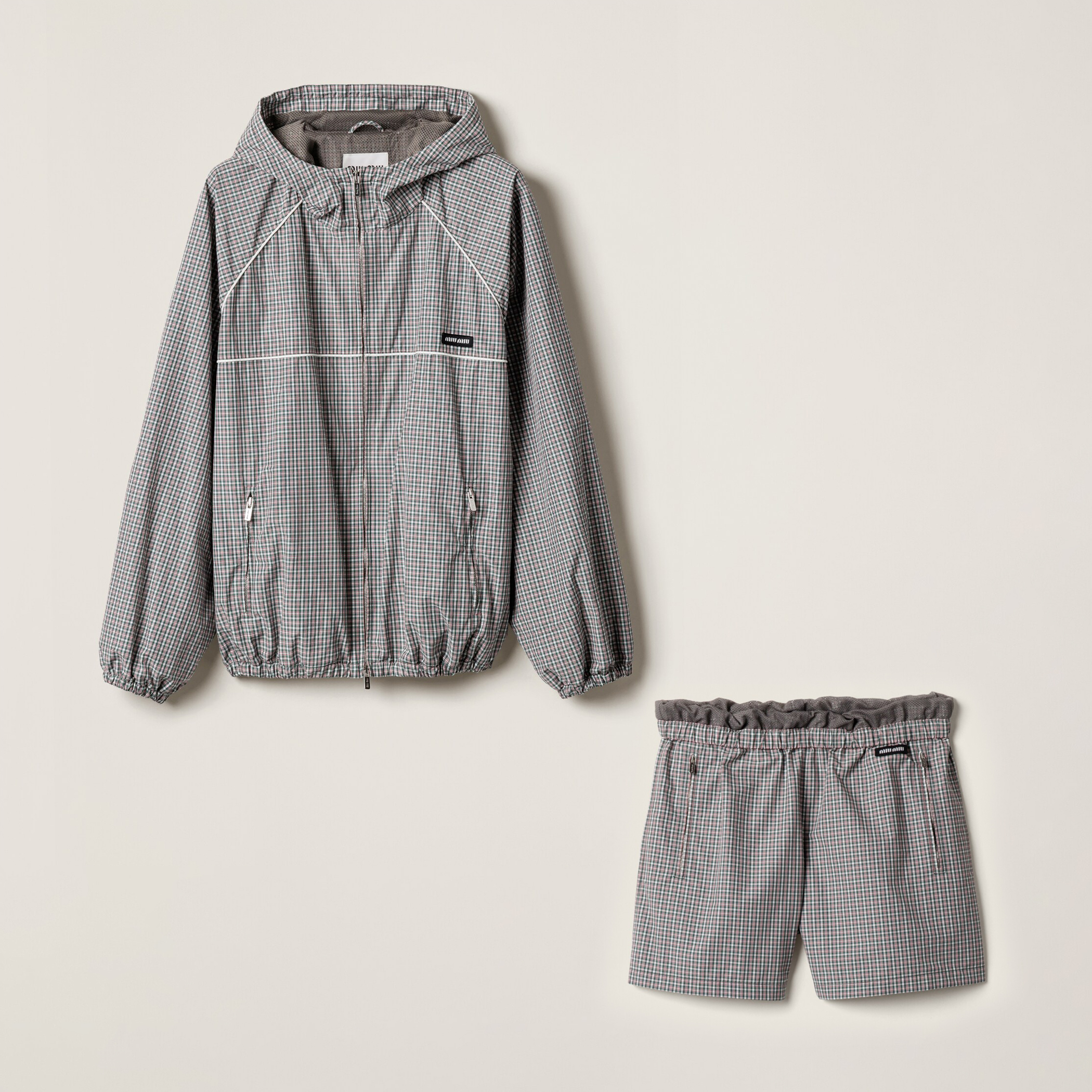 NIGO MiuMiu Women's Spring/Autumn Checkered Print Hooded Zipper Long Sleeve Jacket and Casual Shorts Set Suit #nigo77383