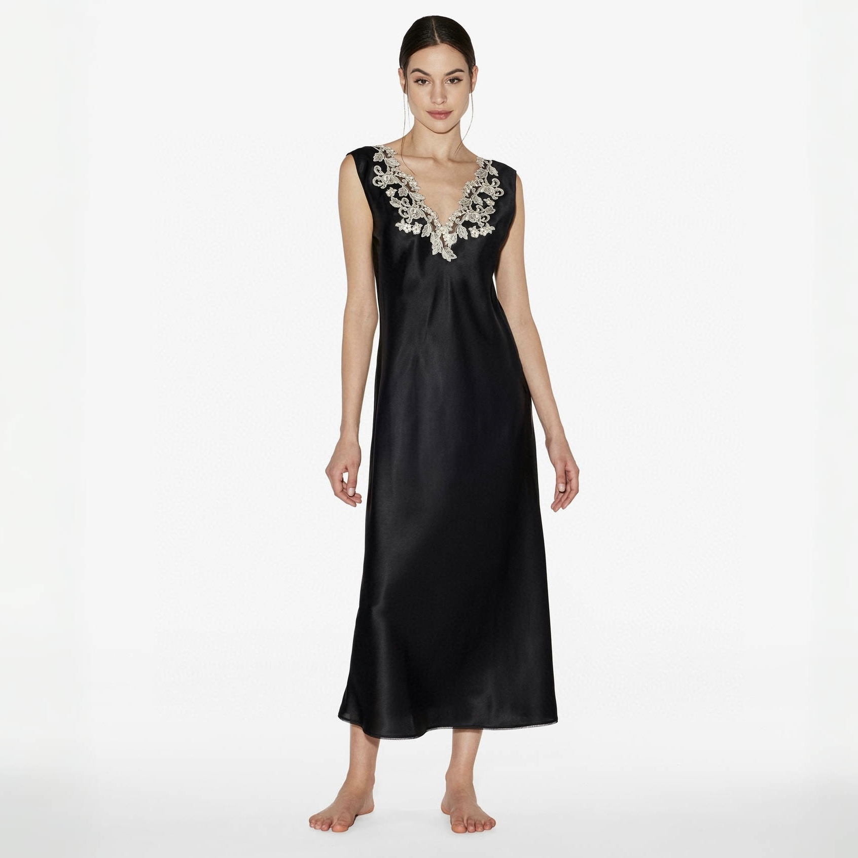 NIGO Laperla Women's Summer Lace Embroidery V-Neck Solid Color Silk Blend Sexy Mid-Length Sleeveless Pyjama Dresses Ngvp #nigo1819