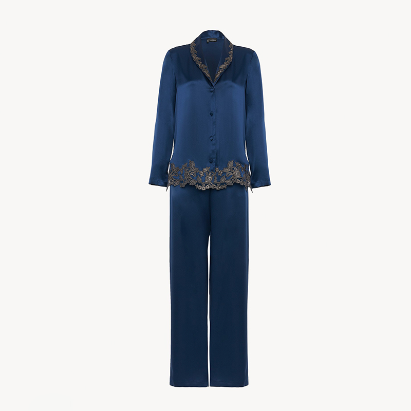 NIGO Laperla Women's Spring Lace Embroidery Pajamas Solid Color Lapel Silk Long Sleeve Loungewear Set Suit Ngvp #nigo1821