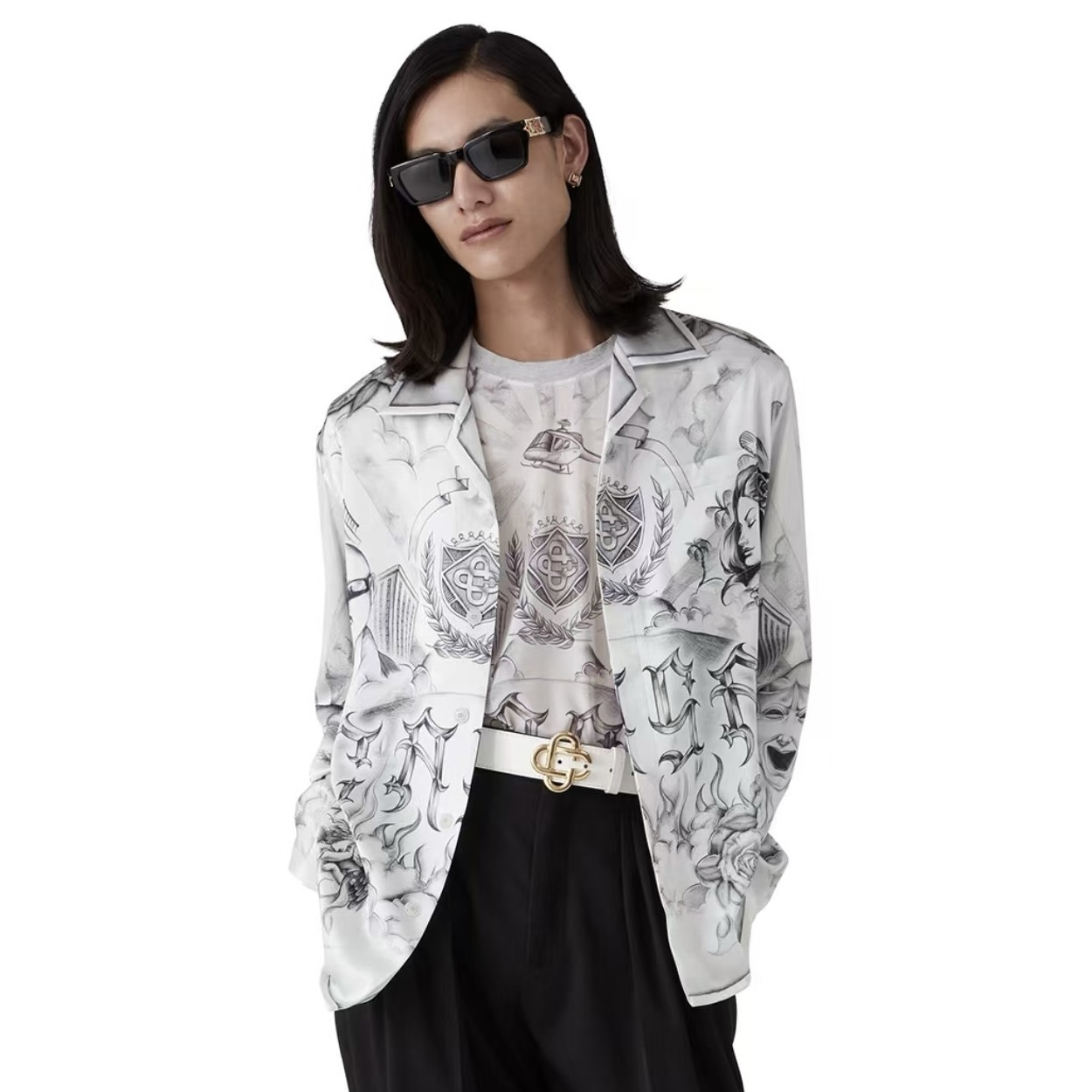 NIGO Casablanca Women's Summer Black and White Patterned Comfortable Loose Single-Breasted Long-Sleeved Shirt #nigo77399