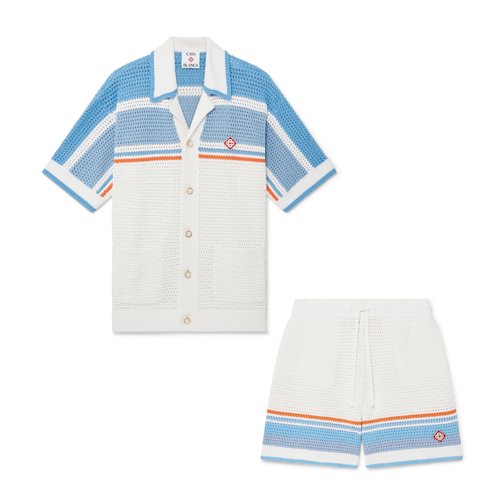NIGO Casablanca Men's Summer Striped Printed Crochet Knit Single Breasted Short Sleeved Shirt And Casual Drawstring Shorts Set Suit #nigo77391