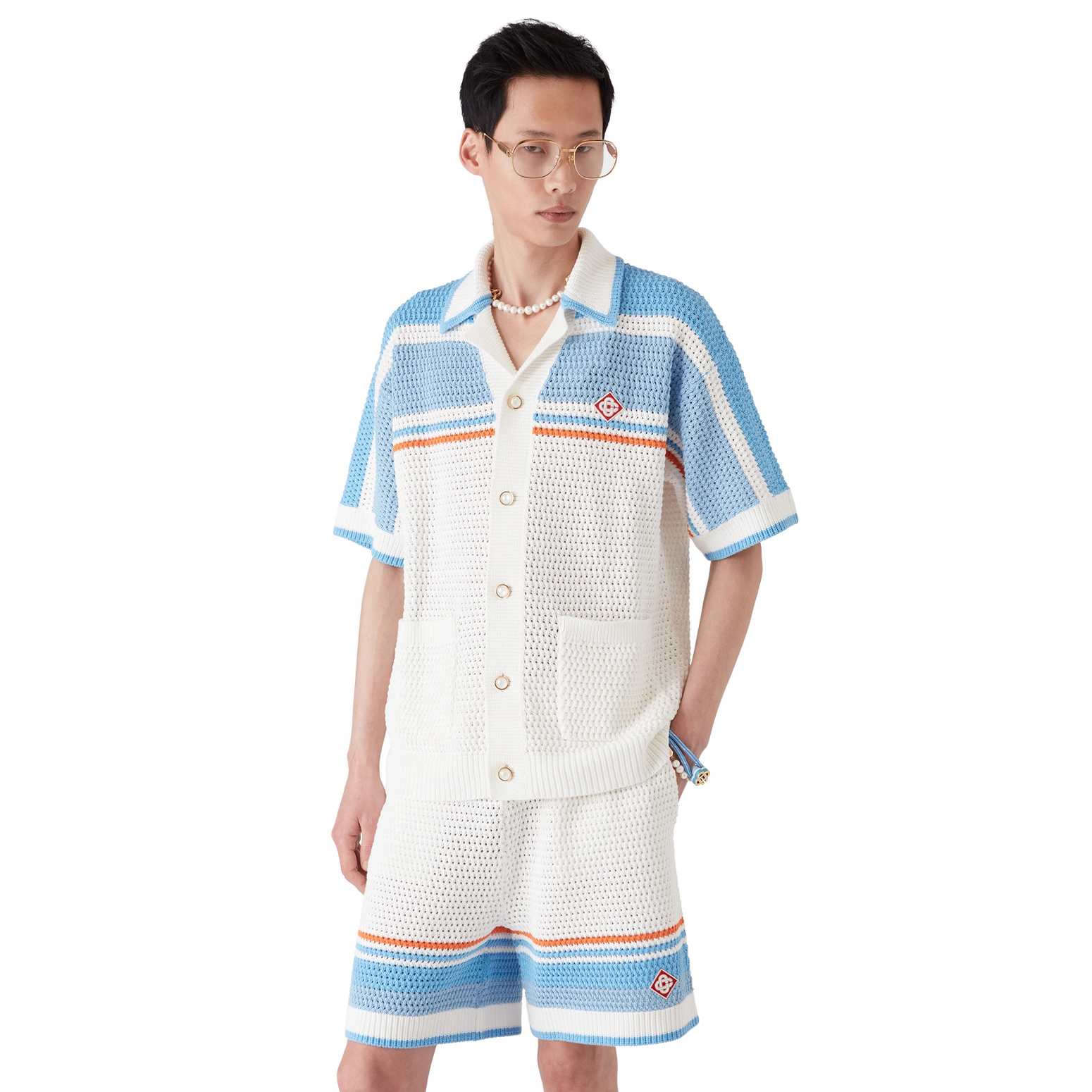 NIGO Casablanca Men's Summer Striped Printed Crochet Knit Single Breasted Short Sleeved Shirt And Casual Drawstring Shorts Set Suit #nigo77391