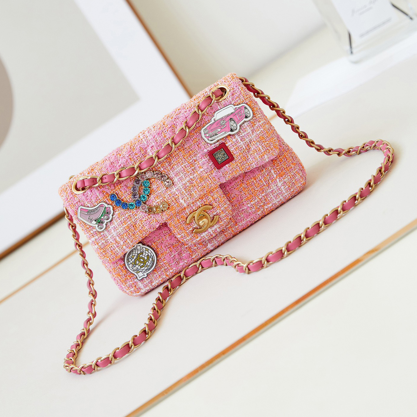 NIGO Chanel Women's Pink Chain Tartan Fabric Badge Print Single Shoulder Crossbody Bag Bags #nigo77412