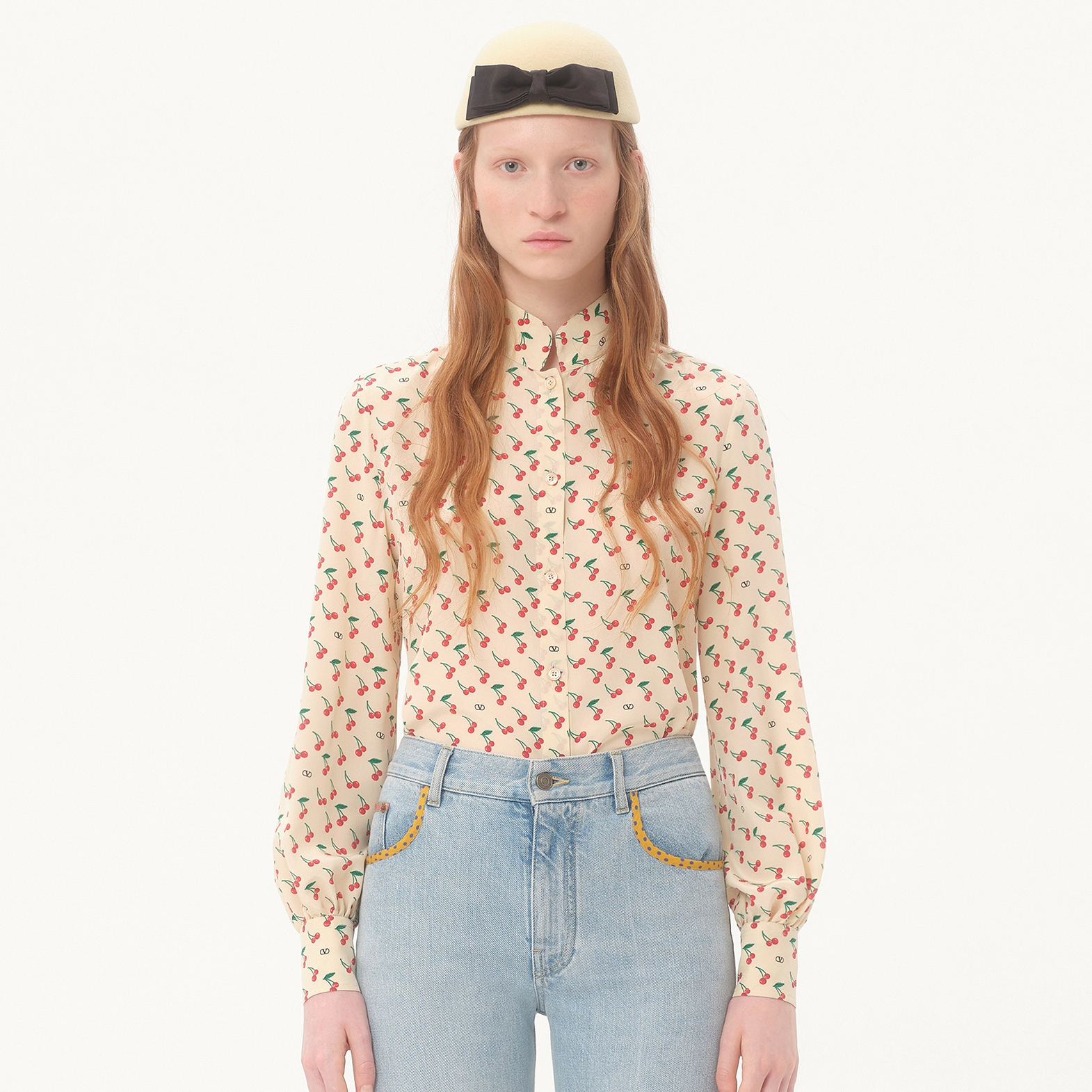 NIGO Valentino Women's Summer Cherry Pattern Plain Color Single Breasted Long Sleeved Shirt #nigo77459