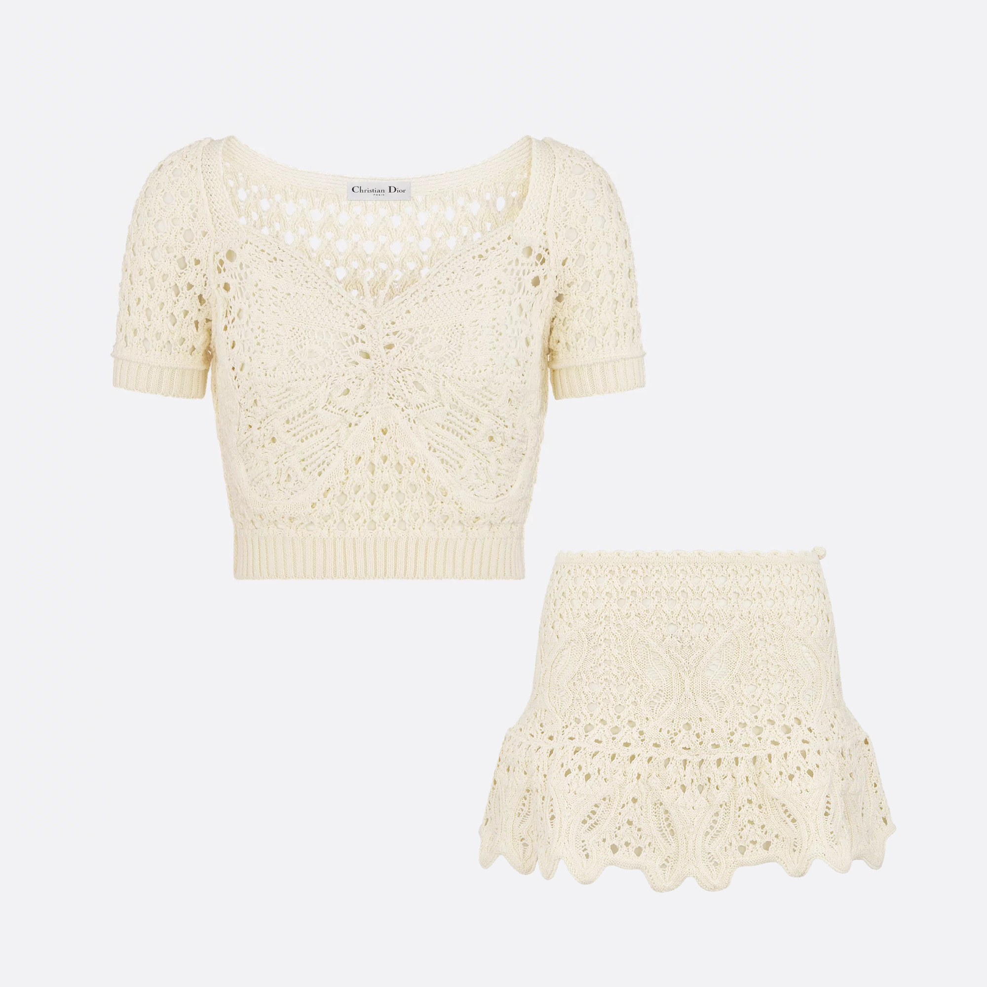NIGO Dior Women's Summer Off-white Cotton Crochet Effect Knitted Butterfly Pattern Short Top And Casual Skirt Set Suit #nigo77484