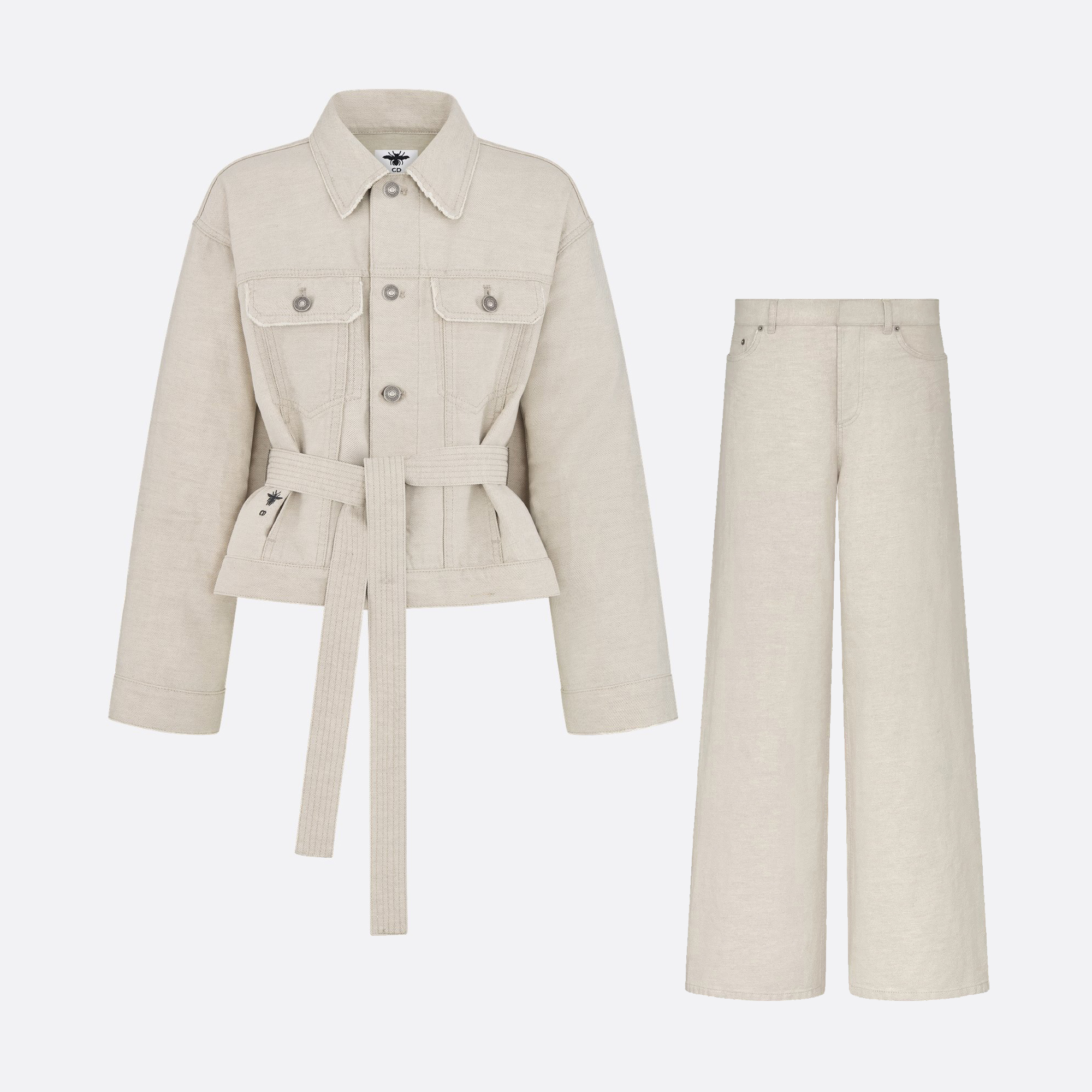 NIGO Dior Women's Spring/Autumn Solid Color Linen Blend Denim Fabric Belted Single-Breasted Long-Sleeved Jacket High-Waisted Casual Denim Pants Set Suit #nigo77483