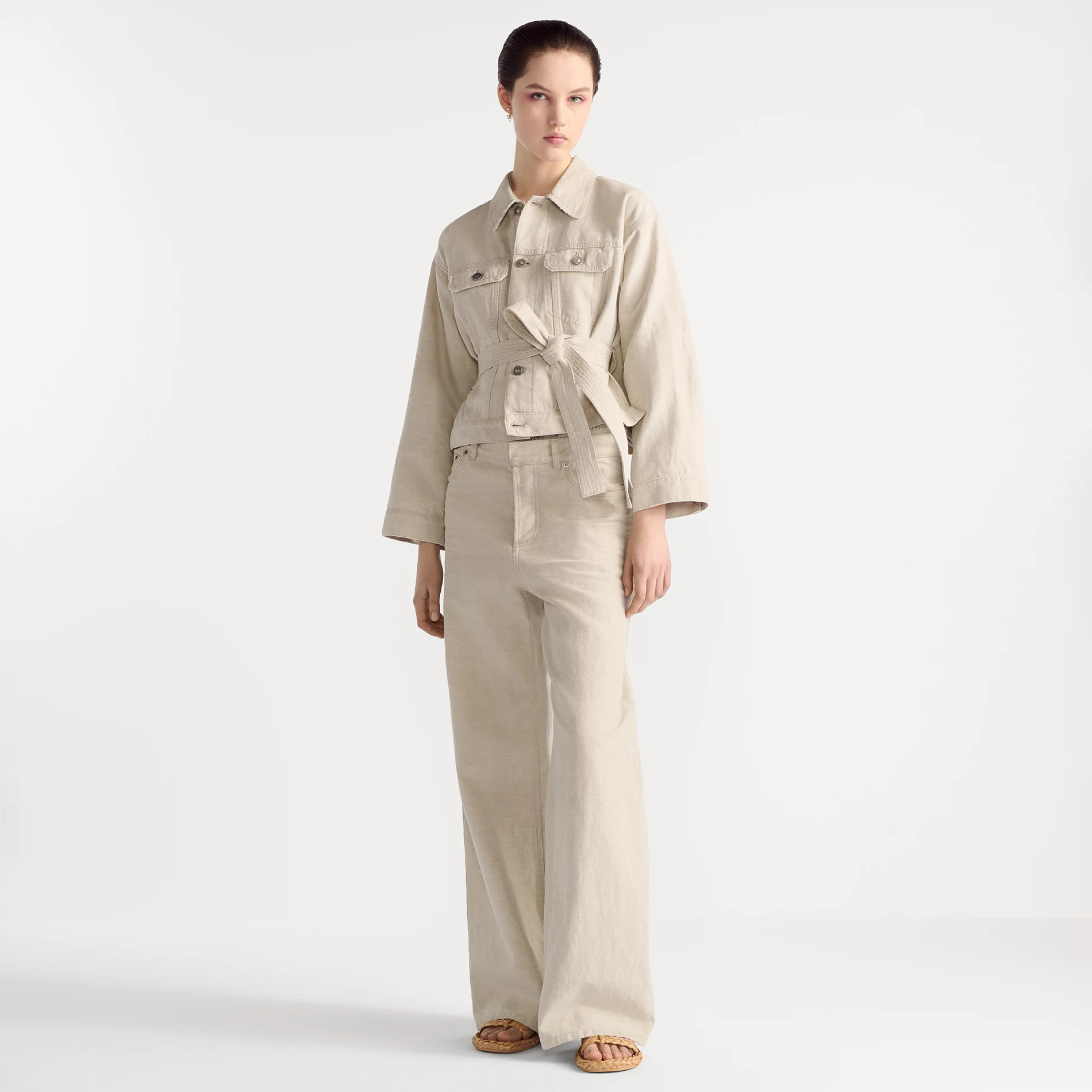 NIGO Dior Women's Spring/Autumn Solid Color Linen Blend Denim Fabric Belted Single-Breasted Long-Sleeved Jacket High-Waisted Casual Denim Pants Set Suit #nigo77483