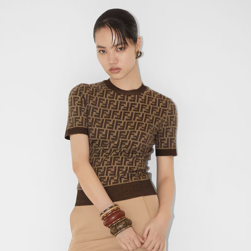 NIGO Fendi Women's Summer Blue and White FF Letter Print Round Neck Knit Short Sleeve T-Shirt #nigo77485