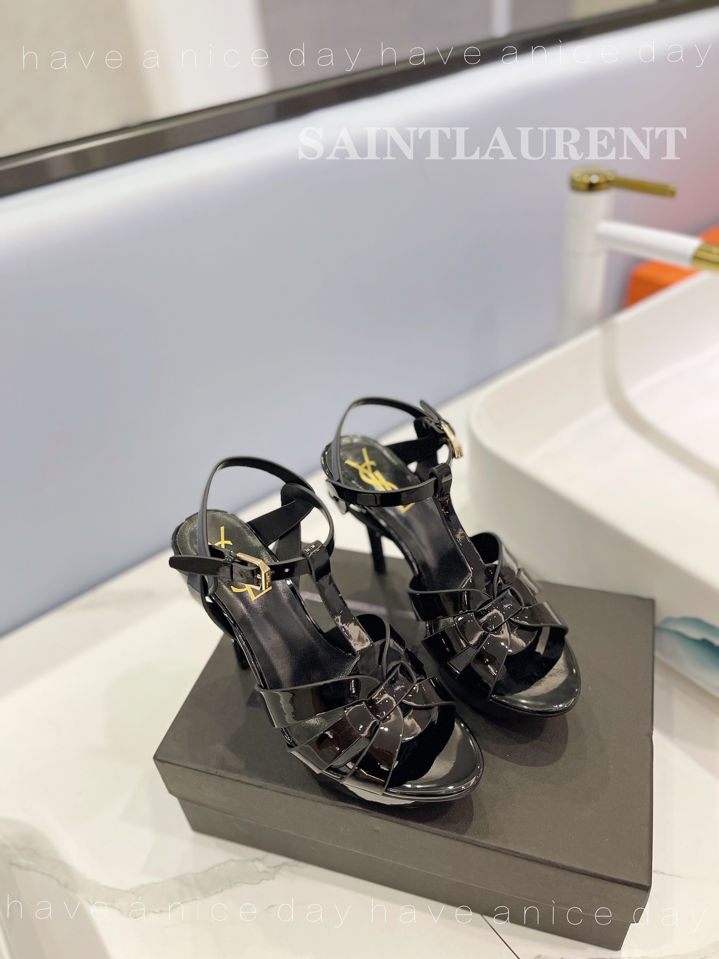 NIGO SAINT LAURENT TRIBUTE Women's Summer Solid Color Glossy Leather Strappy High Heel Sandals Shoes #nigo77495