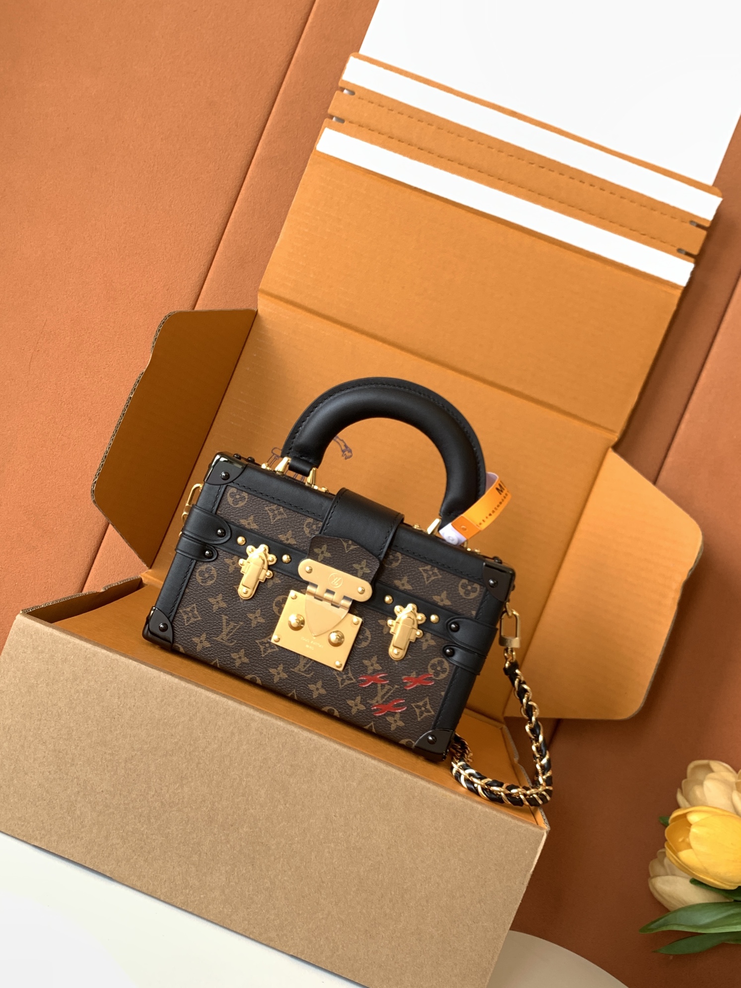 NIGO Louis Vuitton PETITE MALLE Women's Brown Letter Print Removable Adjustable Simple Magnetic Clasp Canvas and Leather Trim Box Bag Handbag Shoulder Bags #nigo77526