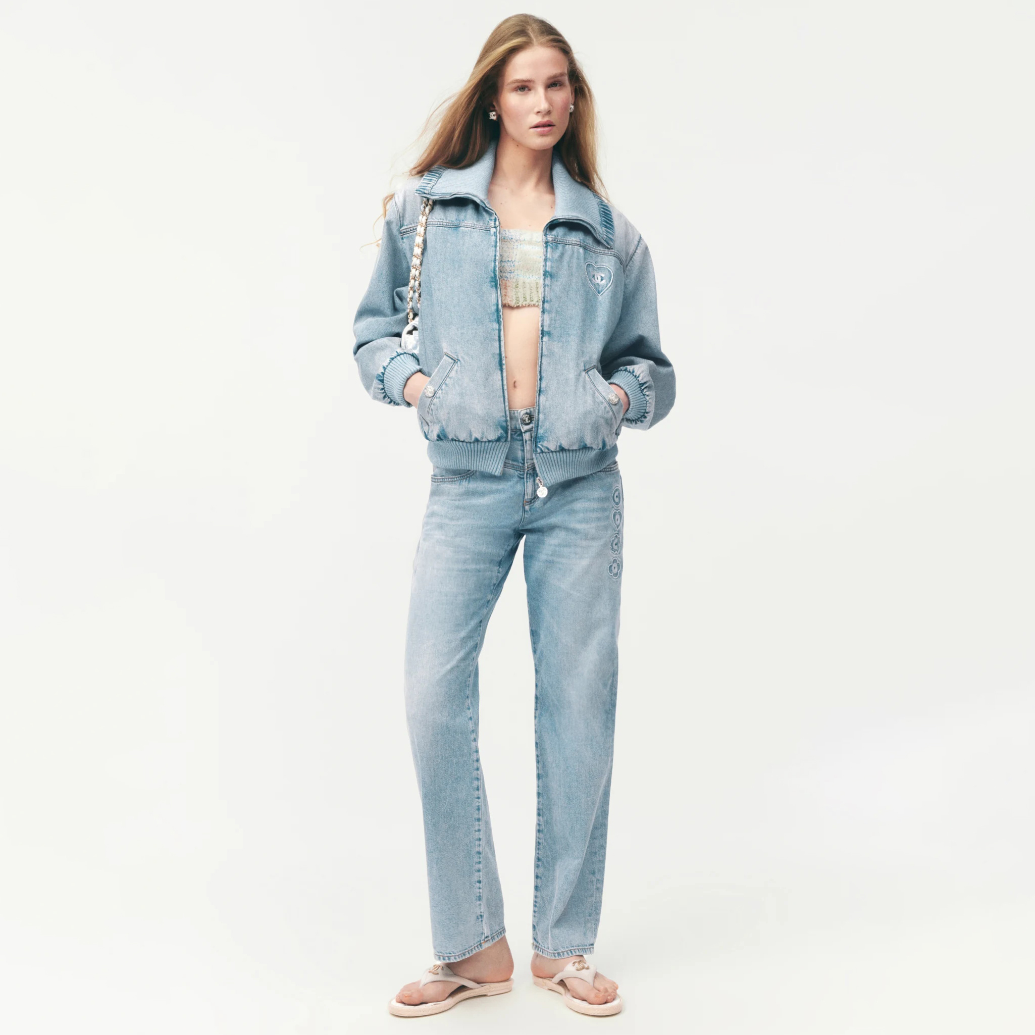 NIGO Chanel Coco Beach Women's Spring/Autumn Solid Color Waist-cinching Embroidered Denim Zipper Long-sleeved Jacket Casual Long Pants Shorts Three-piece Set Suit #nigo77531